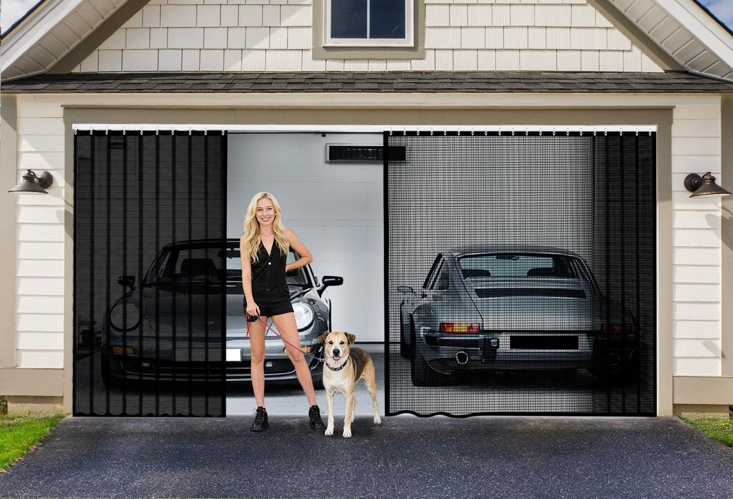 Sliding Garage Door Screen 2 Car 16x7Ft, Retractable Garage Screen Door with Track Closure, Heavy Duty Fiberglass Mesh Garage Net Screen, Keep Bugs & Animals Out, Easy Assembly Privacy Protection
