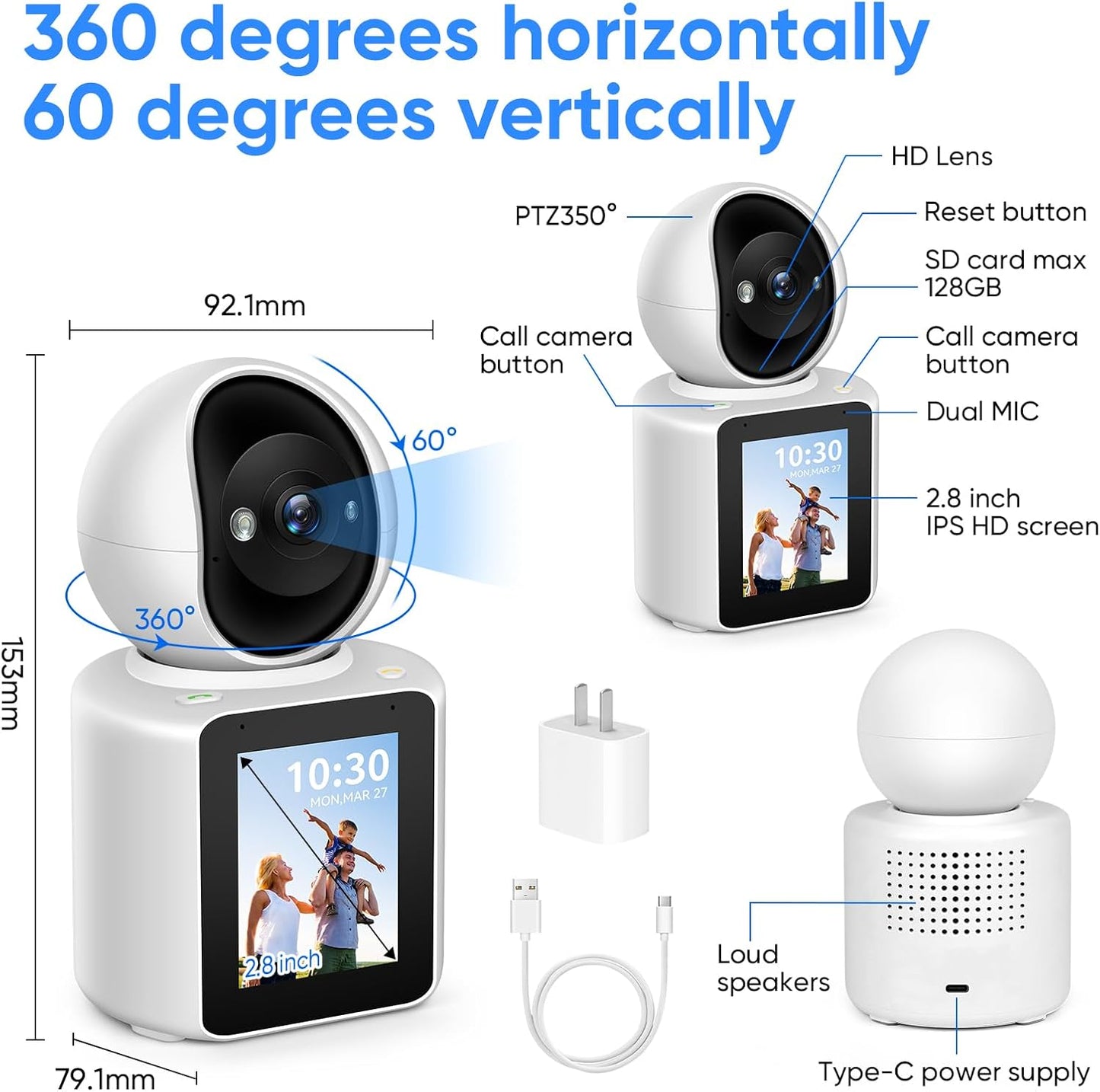 MYPIN 2K 360 Two-Way Video/Audio Indoor Camera, Child/Elder/Dog/Pet Camera with Phone App& Degrees Pan Tilt, Night