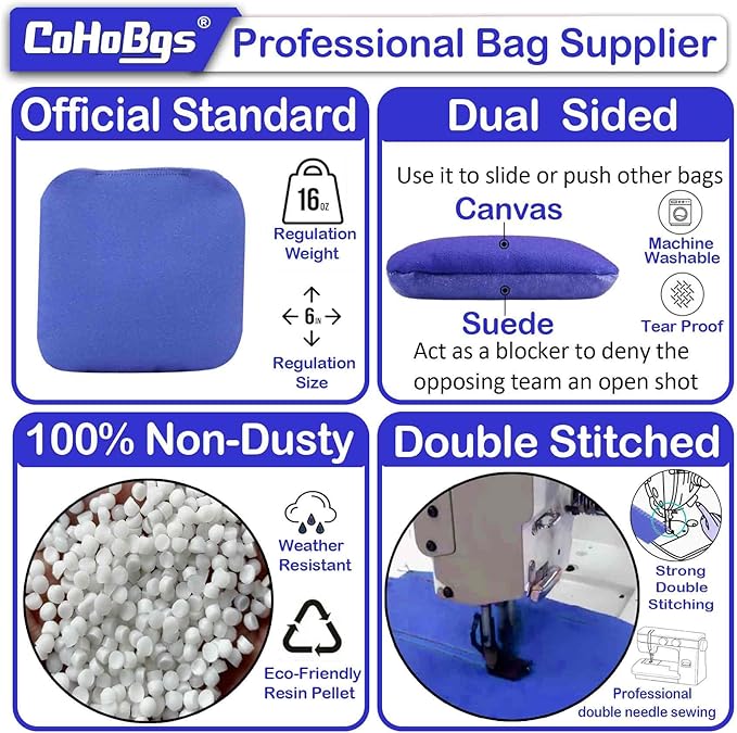 CoHoBgs Corn Hole Bags Set 8, Professional Cornhole Bags Dual-Sided Slick & Stick Resin Filled Suede and Duck Canvas Bean Bag for Cornhole Game Includes Carry Case