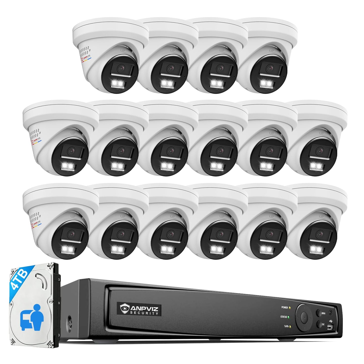 【Active Deterrent & 2-Way Audio】Anpviz 16CH PoE Security Camera System, 16X 5MP Wired IP Turret Cameras Outdoor Metal, 12MP NVR with 4TB HDD, Human/Vehicle Detection, Plug&Play for Business (H Series)