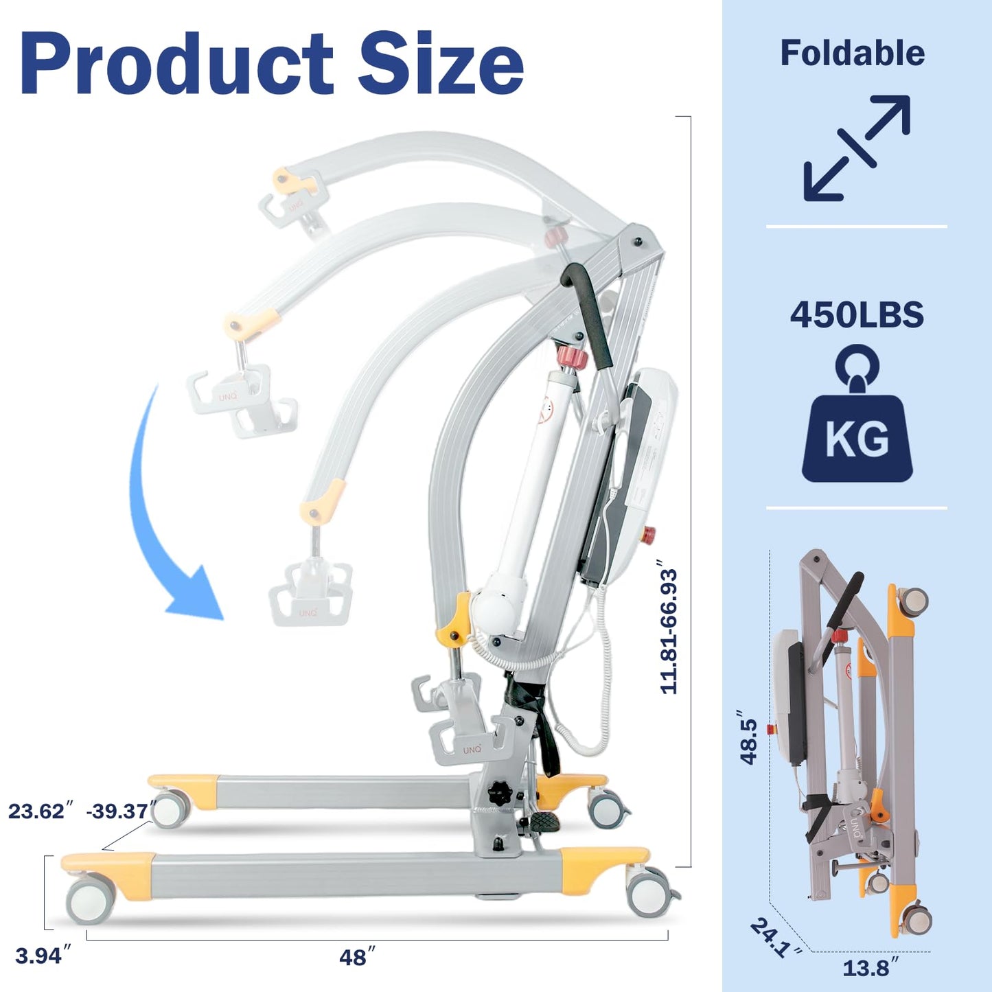 Aluminum Electric Patient Lift for Home, Lightweight Premium 450lbs Patient Lift | Folding Body Transfer Lift for Car | Upgraded Version