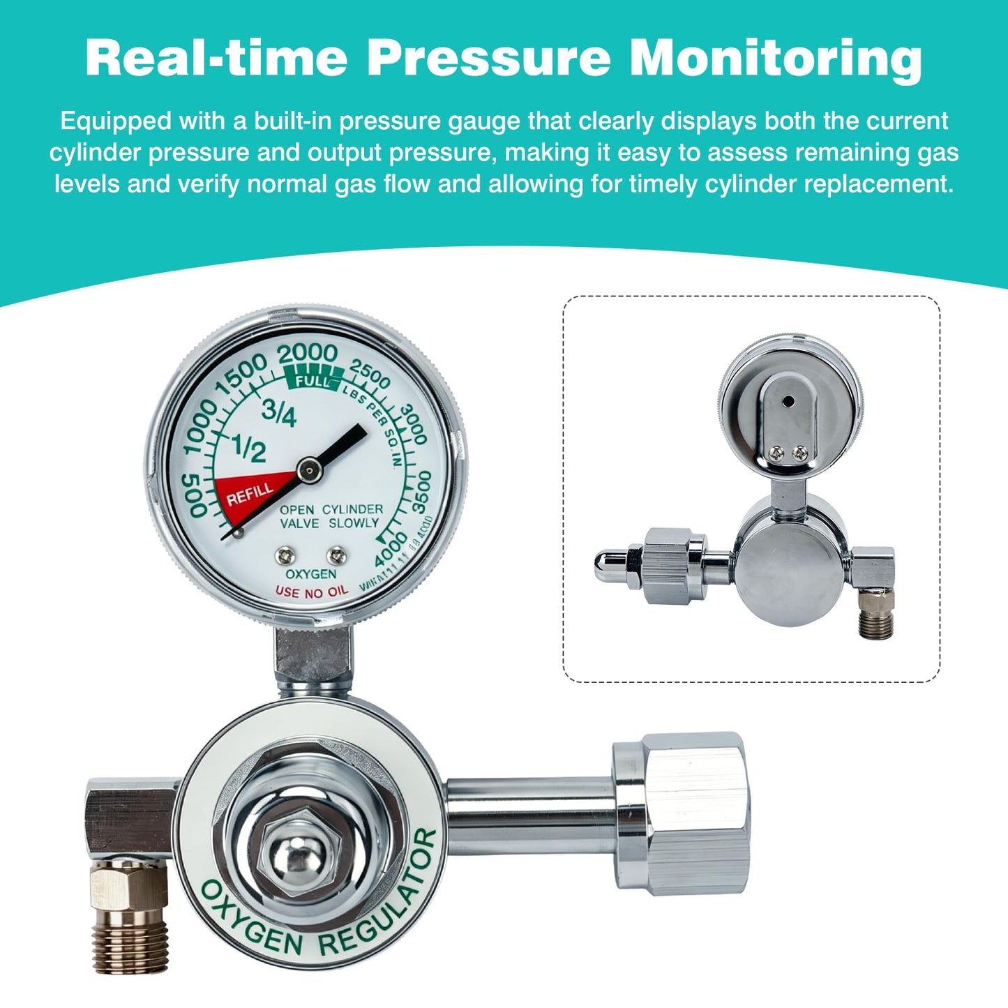 M1-540-P Oxygen Regulator, M1 Series Preset Pressure O2 Regulator for Oxygen Concentrator & Tank, CGA540 Nut/Nipple Inlet, 3000 PSI, Chrome Brass Body