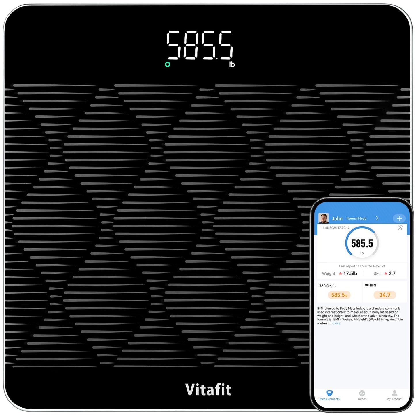 Vitafit 660lb Scale for Body Weight, Accuracy 0.1lb by Our Professional Scale Factory Since 2001, Smart Digital Weight Scale BMI via APP, 8mm Non-Slip Tempered Glass 12.4" x 12.4", LED, 3xAAA, Black