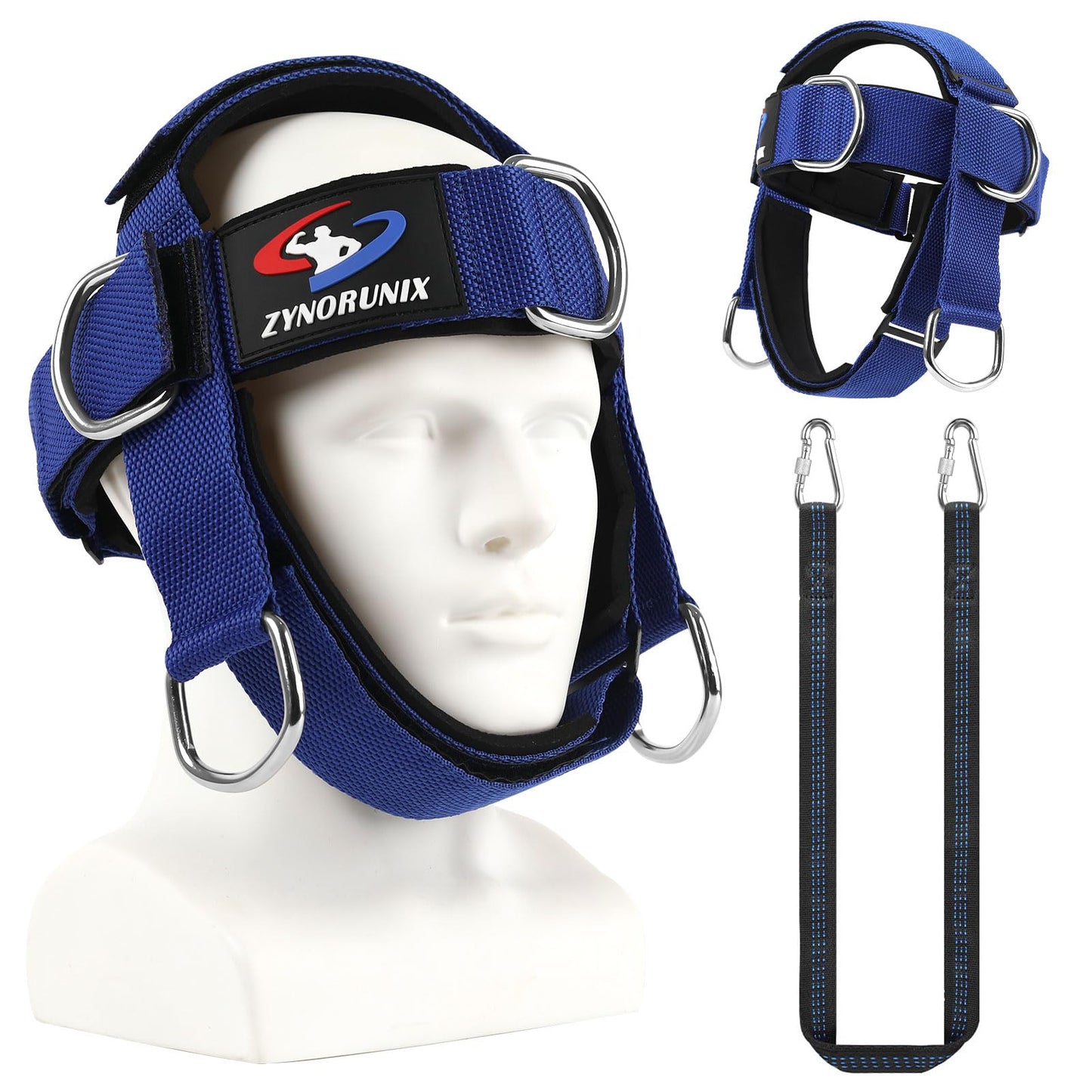 Fitness Neck Head Harness Trainer, Adjustable Chin Strap and Head Harness Strength with Nylon Tether, Neoprene Neck Workout Exerciser for Weight Lifting, Home and Gym Use, Blue