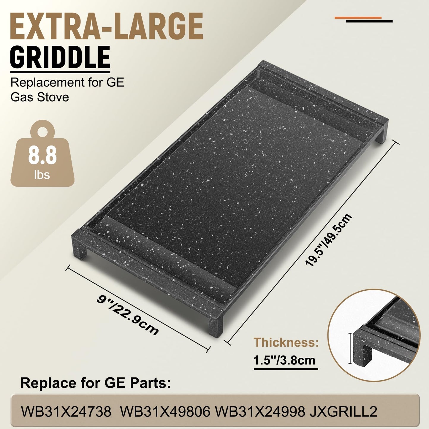 Upgraded WB31X24738 Griddle Replacement for GE Appliance Stove Cooktop, Nitriding Process Marble Style Non-stick Coating, 19.5"×9" Extra-Large Integrated Griddle Plate for GE Gas Stove Top Center