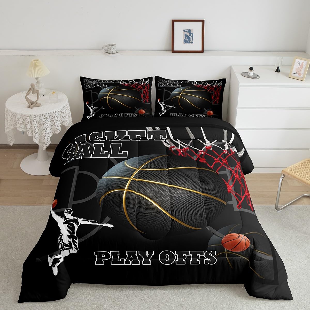 Basketball Room Bedding for Boys Sport Dunk Basketball Comforter Set Queen Size for Kids Teens, 3D Black Ball Printed Bedding Comforter Sets Sport Game Ball Theme Duvet Insert Basketball Player Quilt