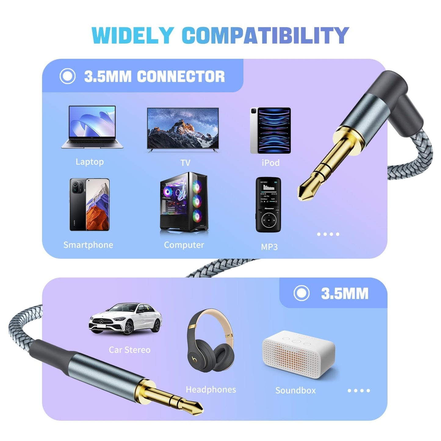 3.5mm 90 3.5mm (2 PACK 3.94FT/1.2M) Aux Cable Cord,Hi-Fi Sound Degree Nylon Braided Male to Male Stereo Aux Cables