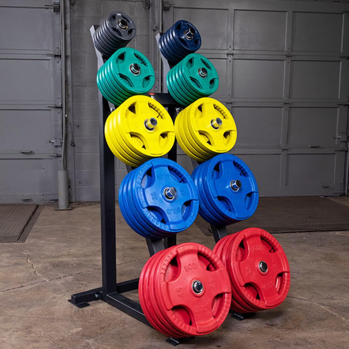 Body-Solid Quad Grip Design Rubber Plate - Olympic Weight Plates with Rubber Coating for Weight Lifting and Strength Training, 25lbs