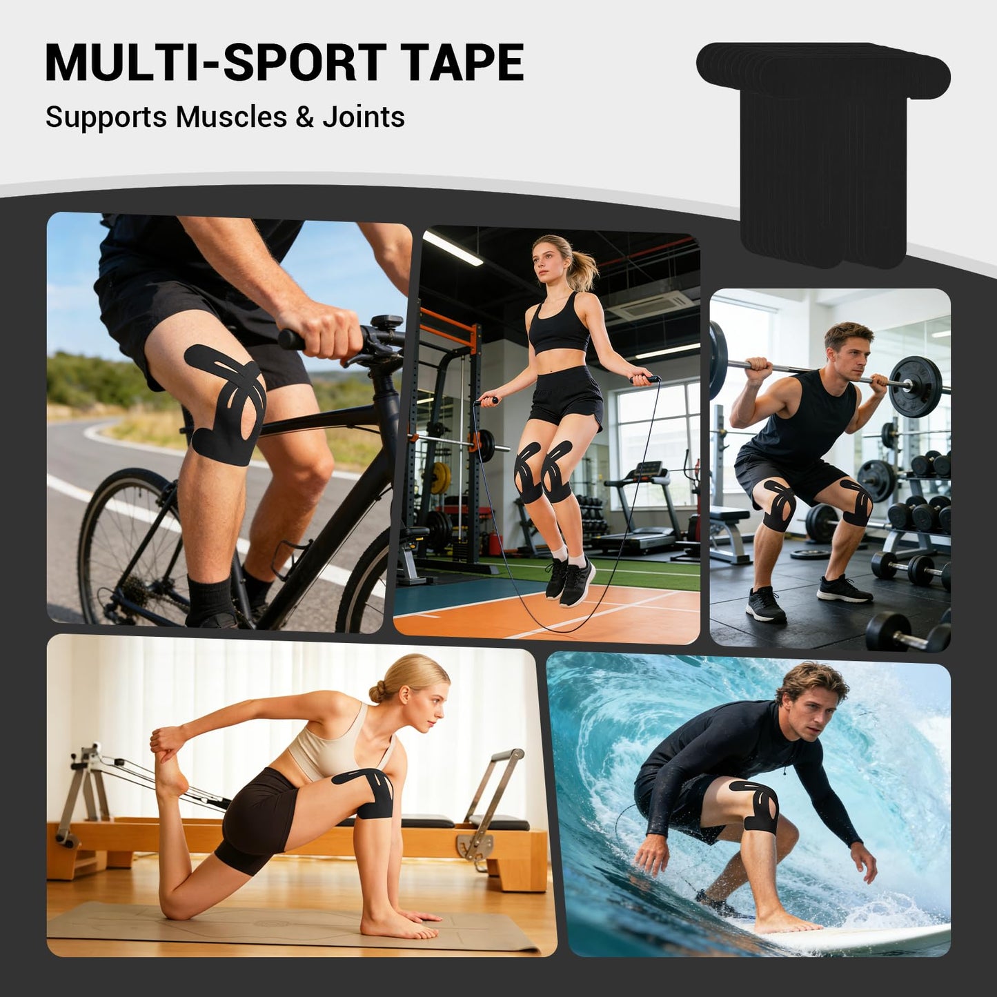 12 Pack Precut Kinesiology Tape for Knees & Shoulder, Knee Support & Stability for Sports, Waterproof & Elastic Tape for Knee Pain Relief, Breathable Hypoallergenic & Latex-Free, Black