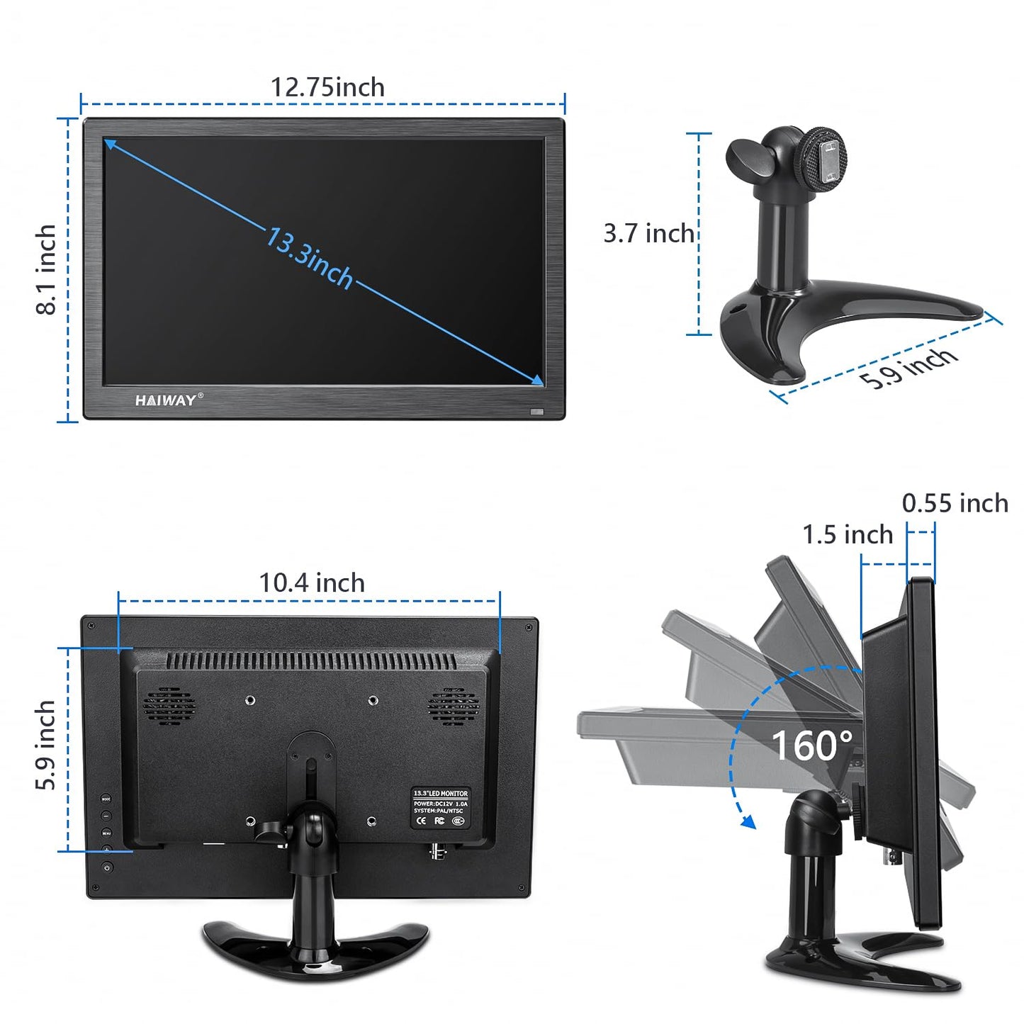 Haiway 13.3 inch Security Monitor, 1366x768 LED Monitor Small HDMI Monitors with Remote Control Built-in Speakers, Mini Monitors HDMI VGA AV BNC USB Input for CCTV Raspberry Pi PC Fire Stick Gaming