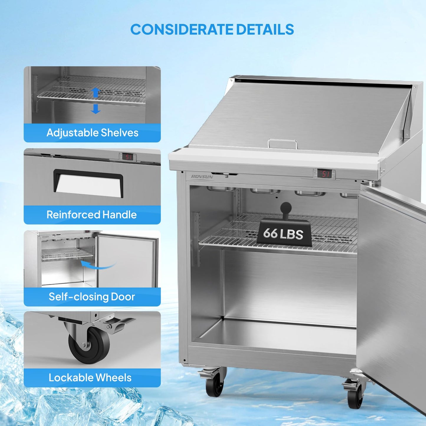 ROVSUN 29" W Sandwich Salad Prep Table Refrigerator ETL NSF, 7.6 Cu.Ft Commercial Refrigerator Salad Bar Stainless Steel w/12 Pans Cutting Board Lockable Wheels Front Door for Restaurant