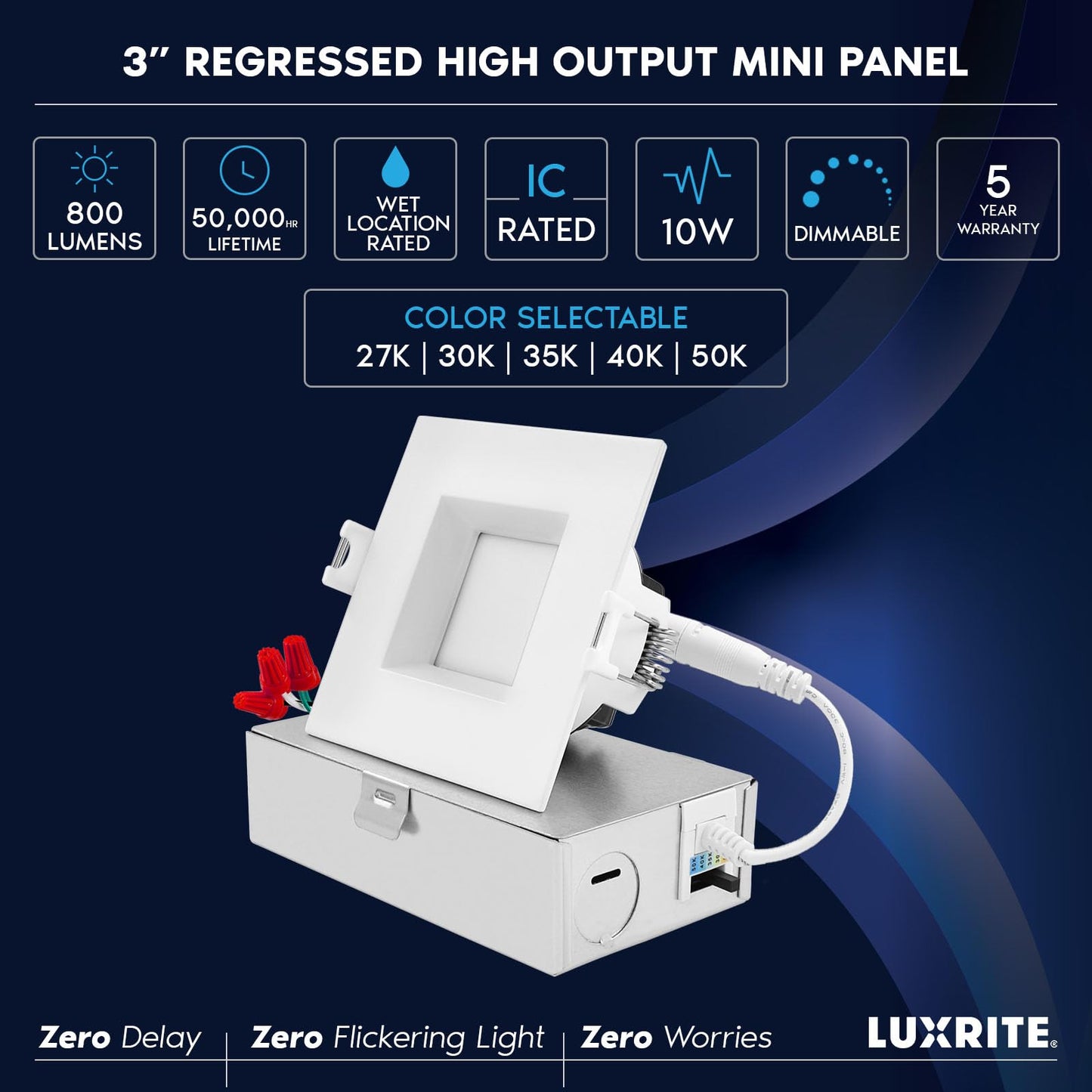 LUXRITE 3 Inch Square LED Recessed Ceiling Light with Junction Box, 10W, 5CCT Selectable 2700K/3000K/3500K/4000K/5000K, 800LM High Brightness, Dimmable Canless Downlight, Wet Rated, ETL (4 Pack)