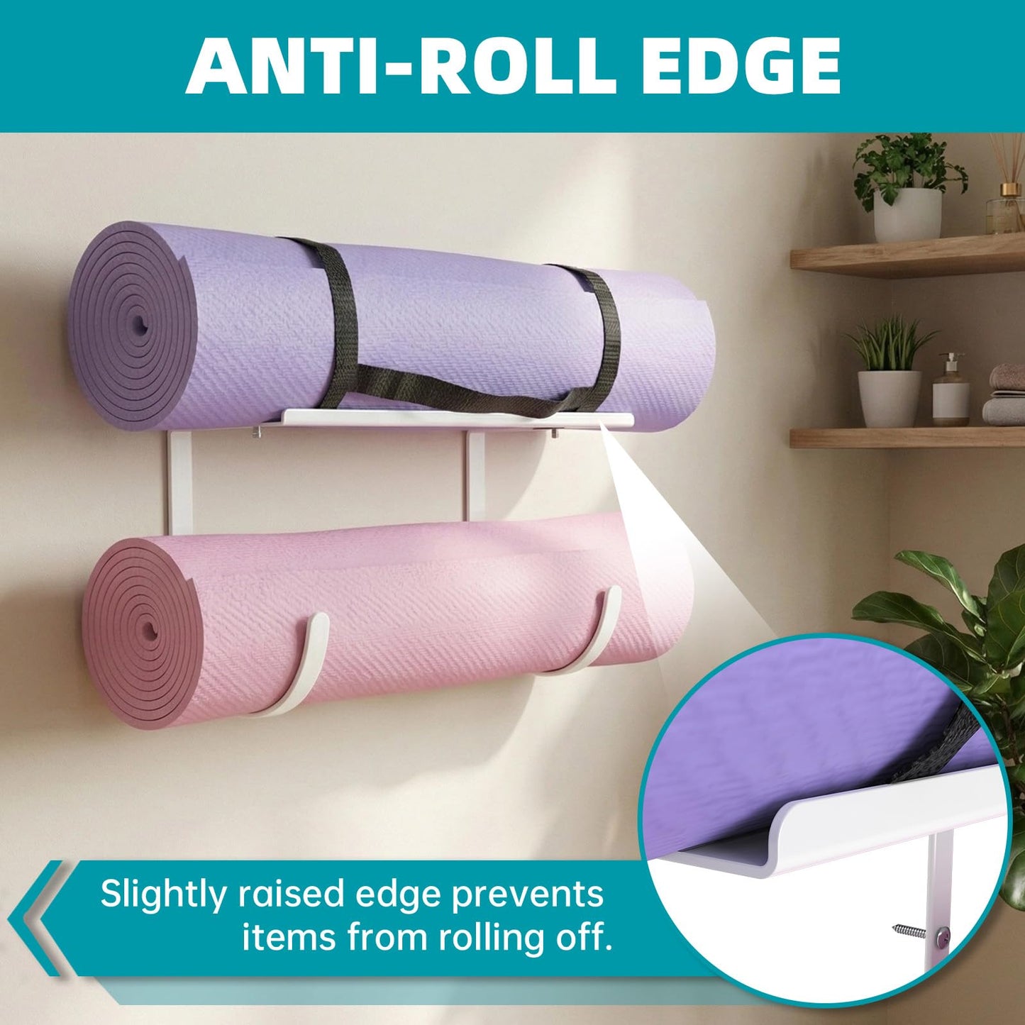 Yoga Mat Holder Wall Mount, No-Tie Mat Storage, Exercise Mat Storage Rack with Top Floating Shelf, Holding Yoga Blocks/Rollers and Pilates Mat, Workout Mat, Home Gym Equipment Accessories