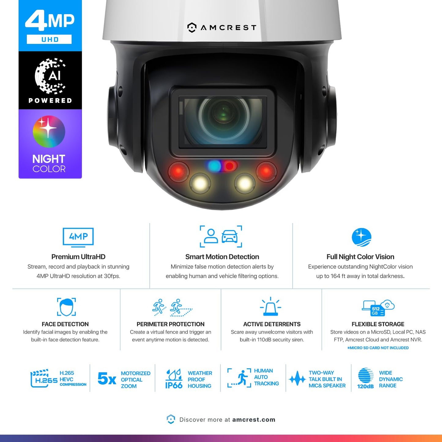Amcrest 4MP Outdoor PTZ POE + AI IP Camera Pan Tilt Zoom (Optical 5X Motorized) Security Speed Dome, Human and Vehicle Detection, IVS, Face Detection, Auto Tracking, POE+ (802.3at) IP4M-1098EW-AI