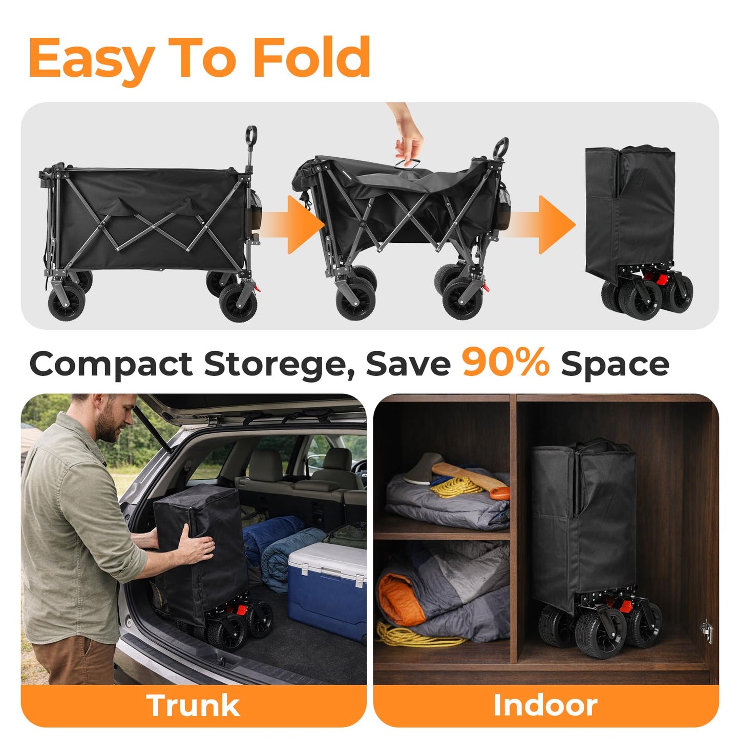 Holacamking 58”L Extender Collapsible Wagon, Extra Long Foldable Wagon Cart with Extended Tailgate, Heavy Duty Rolling Utility Cart with All-Terrain Big Wheels for Shopping Sports Beach, Black