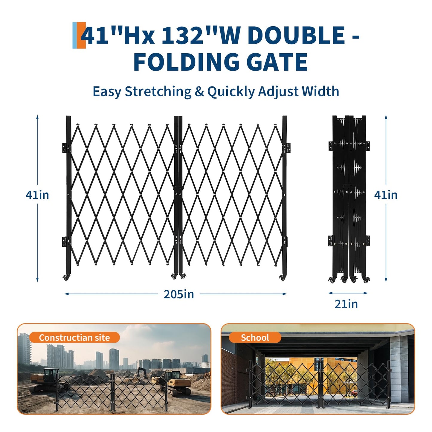 Double Expandable Gate, 41" H x 205" W Folding Security Gate, Folding Door Gate, Steel Accordion Security Gate, Flexible Garage Door gate, 360° Rolling Barricade Gate, Scissor Gate with Padlock