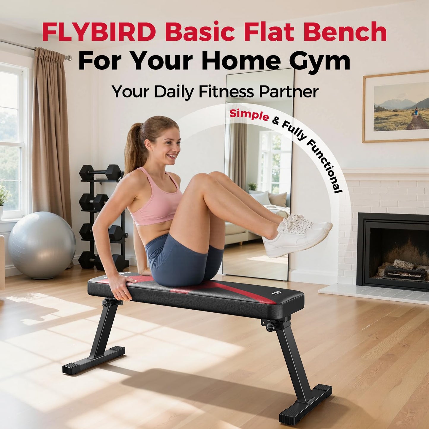 FLYBIRD Foldable Flat Weight Bench For Home Gym, Sturdy Strength Training Workout Bench, Space-saving Bench Press Flat Exercise Bench, Easy to Assemble (A-Red)