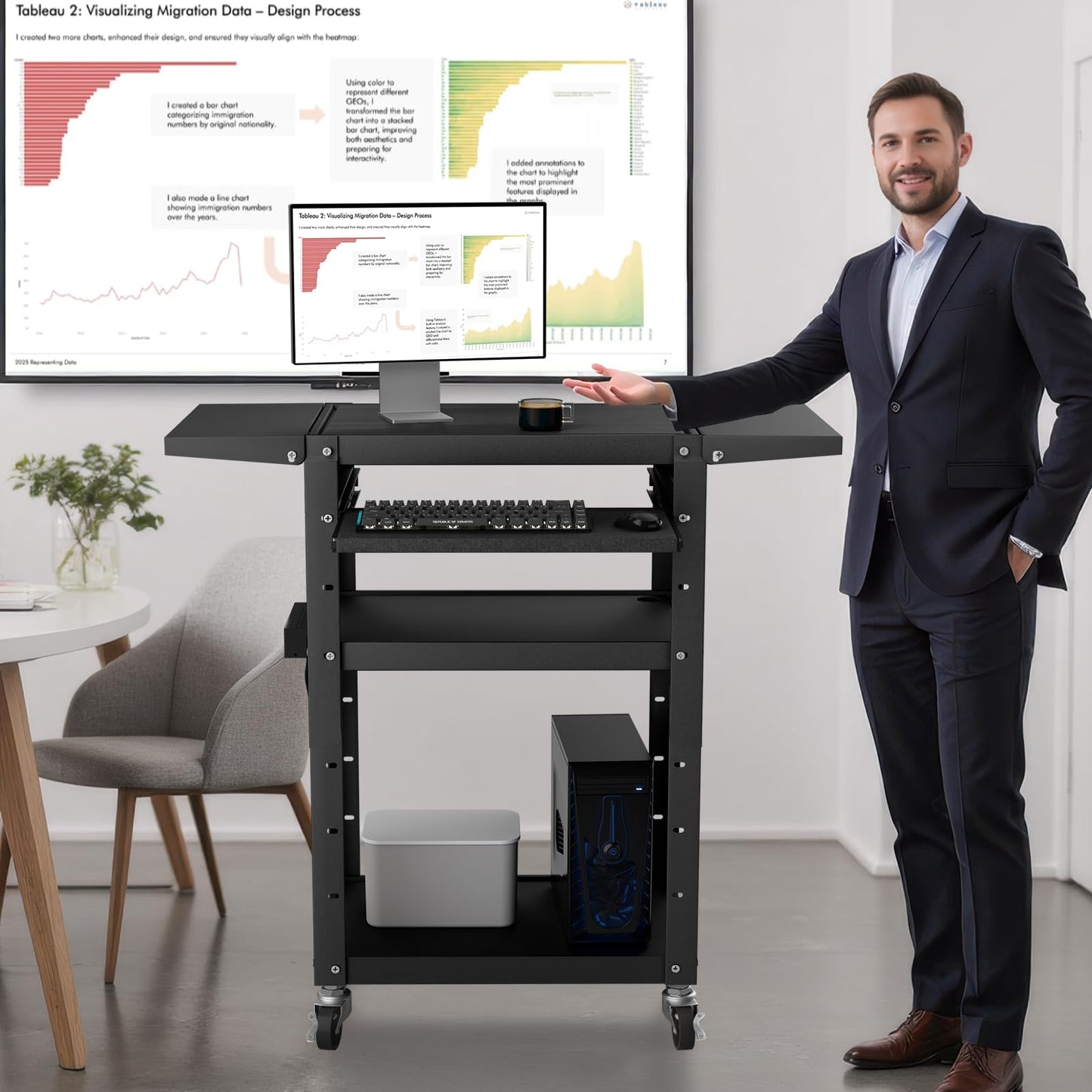 Mobile AV Cart with Pullout Keyboard Tray, Rolling Computer Cart Height Adjustable Rolling Media Utility Cart with 4 Wheels, 4 Outlets, Perfect for Home or Office Us