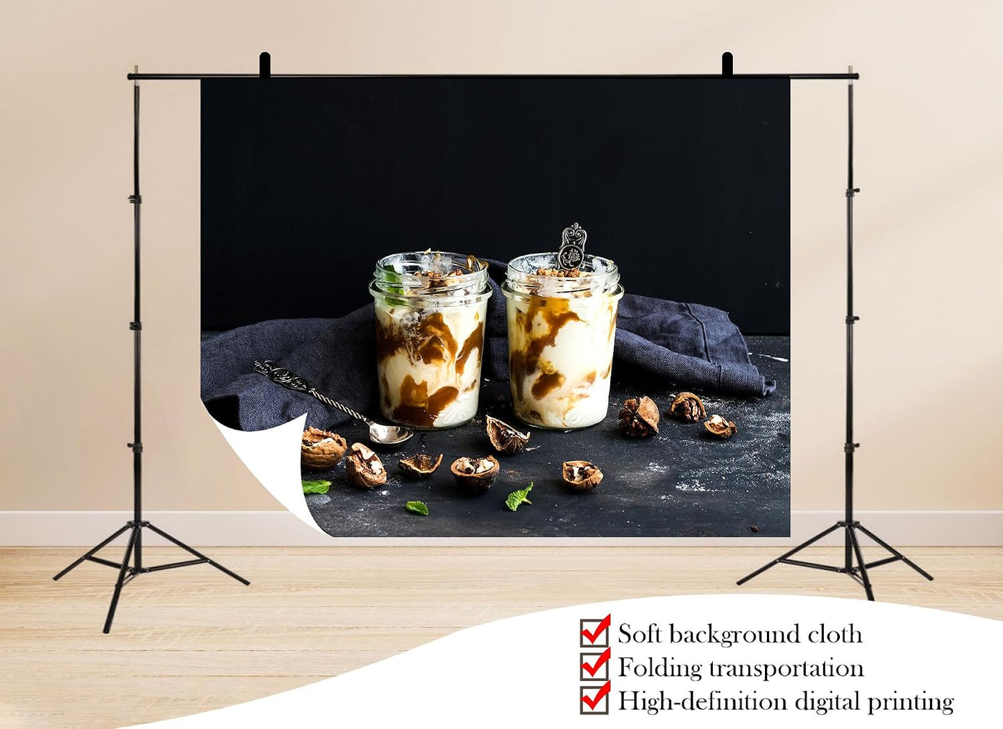 UPXIO 10x8ft Yogurt Parfait with Walnuts Backdrop Caramel Swirl Dessert Photo Background Tapestry for Brunch Party