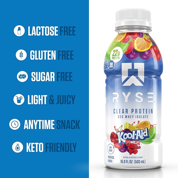 RYSE Clear Protein Shake - Kool-Aid Tropical Punch - 100 Calories, 22g Whey Isolate Protein, Sugar-Free, 0g Fat & Lactose-Free - Refreshing Ready-to-Drink Beverage - 16.9 fl oz Bottles (12-Pack)