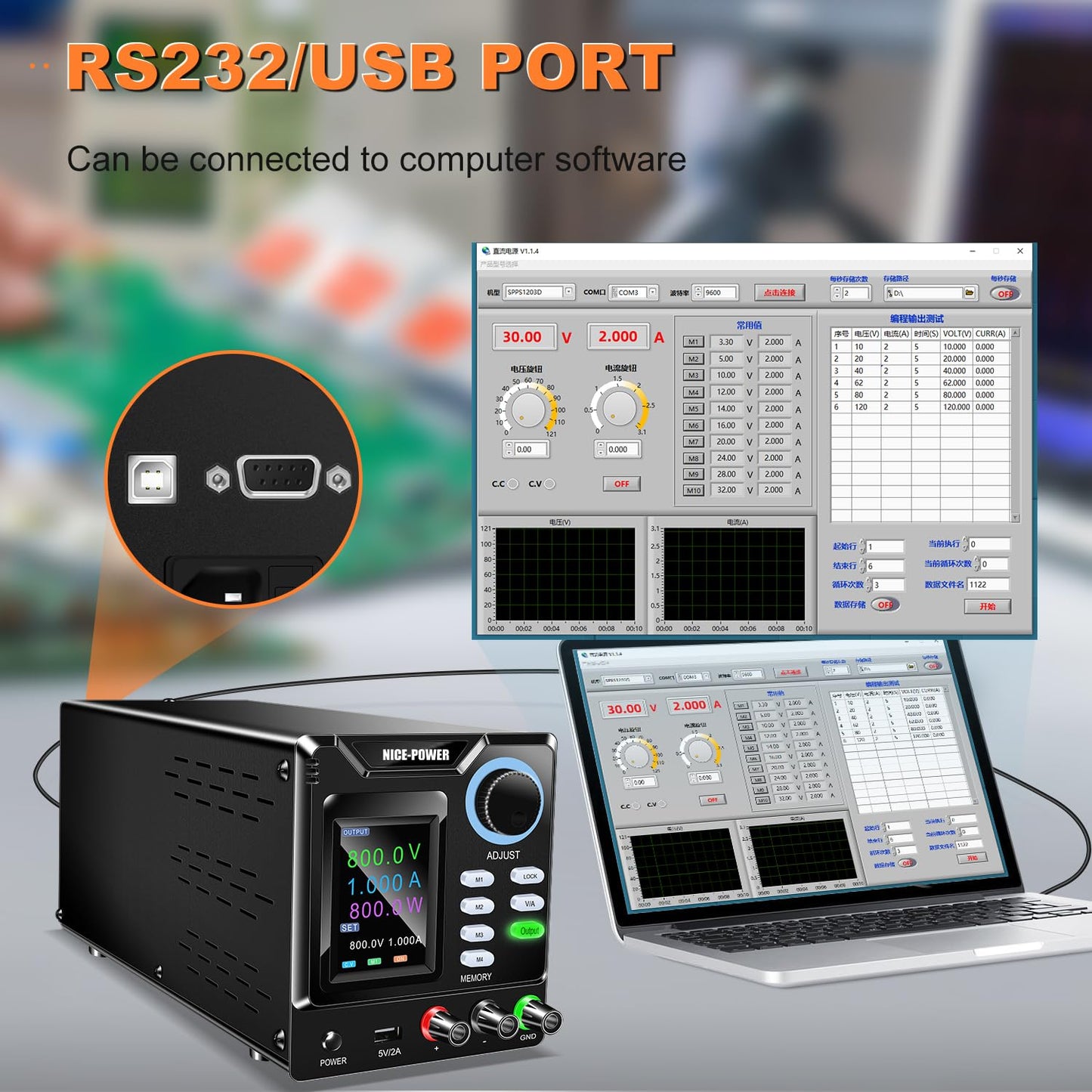 NICE-POWER DC Power Supply Variable, 0-800V 0-1A High Voltage Programmable Adjustable Regulated Bench Power Supply with Memory Storage, Encoder Knob, Output Switch, Lock Button, PC Software