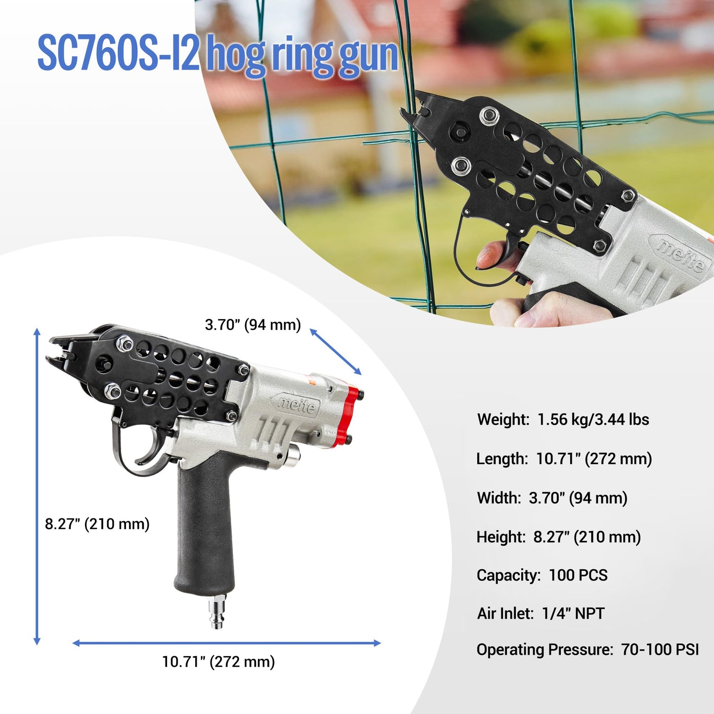 meite SC760S-I2 Pneumatic Hog Ring Gun, 16 Gauge 1/2" Crown Hog Ring Pliers, 2.6-3.6 mm Closure, Short Magazine Lightweight Air C Ring Stapler for Fencing, Upholstery, Pet Cages, and Bag Closing