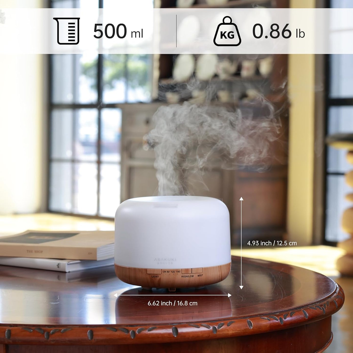 ASAKUKI Essential Oil Diffuser - 500ML Aromatherapy Humidifier with Remote Control & 7 LED Colors | Quiet Cool Mist for Home & Office (Yellow)