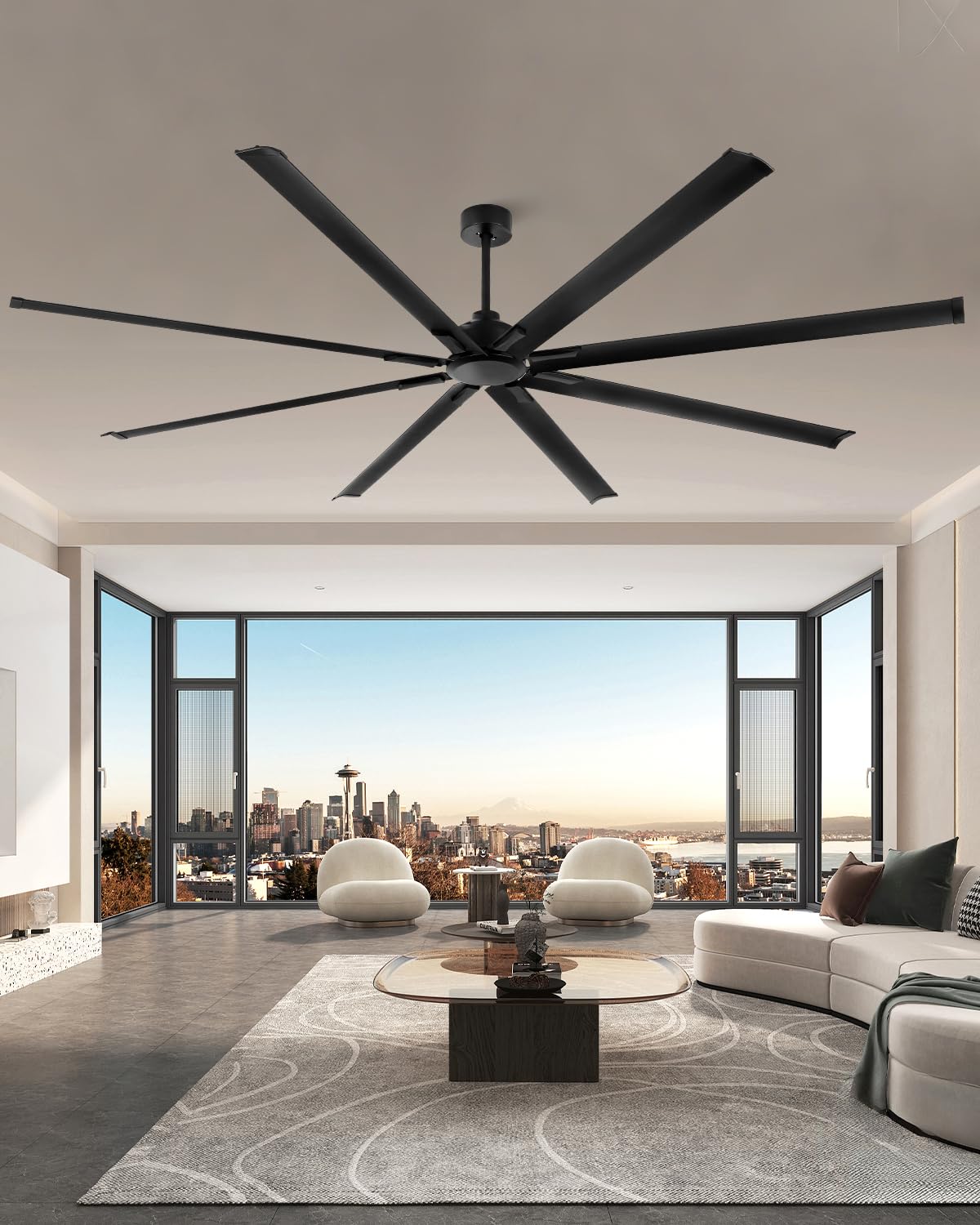 [HVLS]96 Inch Industrial Ceiling Fan, Extra Large Commercial Big Assed Ceiling Fan, 8 Aluminum Blades, Reversible DC Motor, Remote Control with 6 Speeds, 3 Downrods, for Shop, Garage, Gym, Black