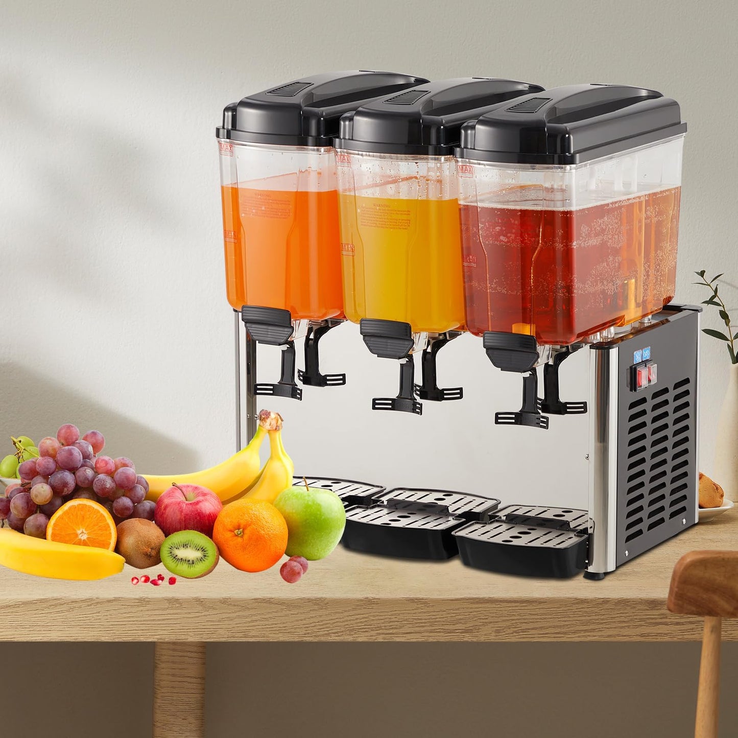 EliteEdge Stainless Steel Commercial Beverage Dispenser with Thermostat Control, 3-Tank 9.6 Gallon Capacity for Lemonade, Coffee, and Cold Drinks, Suitable for Home or Hospitality Use