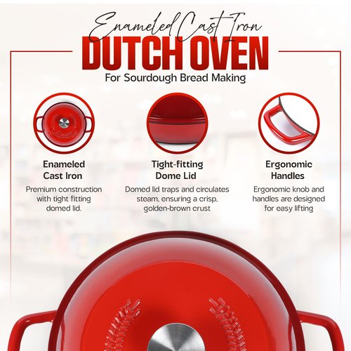 6 QT Enameled Cast Iron Dutch Oven - Sourdough for Bread Baking & Casseroles and more - 10 inch base, includes 5 Blade Bread Lame & Non-Stick Silicone Sling - Oven Safe to 500°F Bread Loaf Pan with Lid - Sourdough Bread Oven - Cast Iron Enamel Bread Loaf
