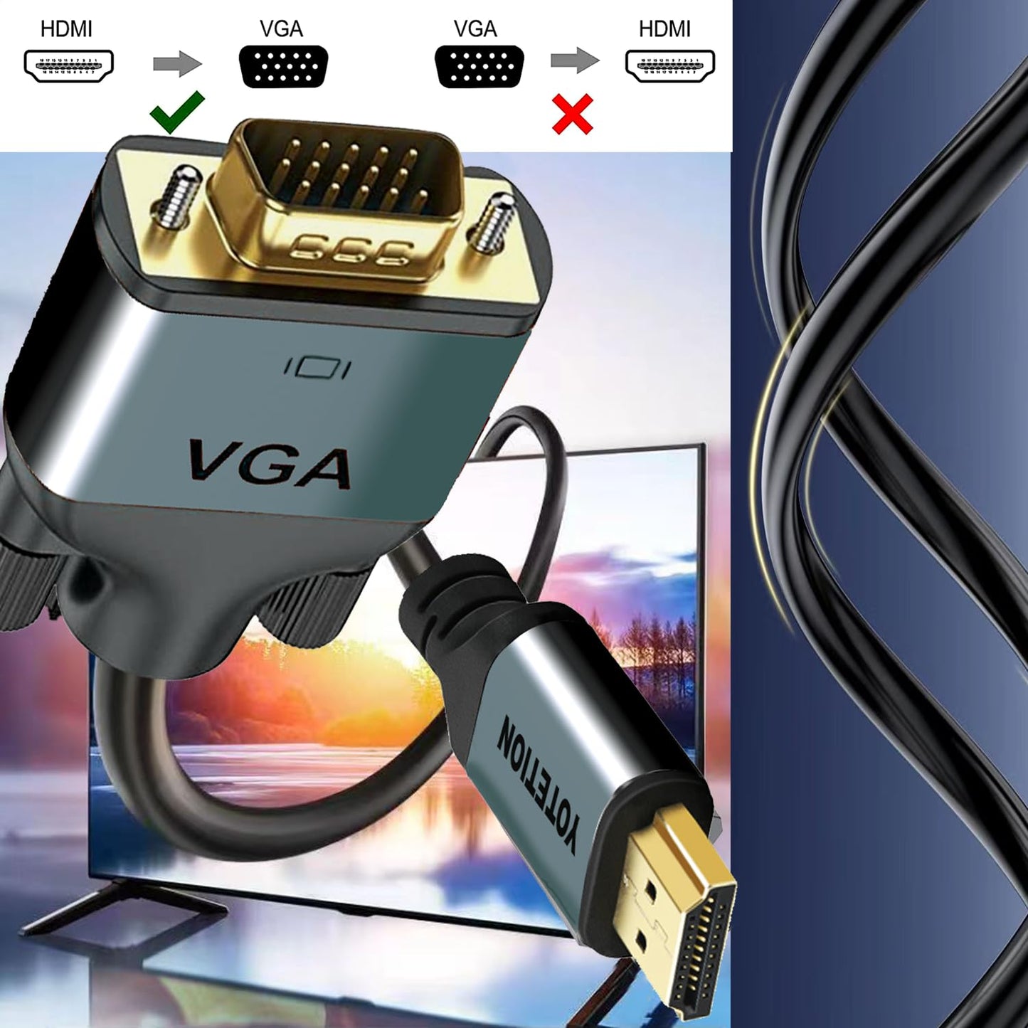 YOTETION 30FT HDMI to VGA Cable with IC, Gold-Plated HDMI to VGA Compatible for Computer, Desktop, Laptop, PC, Monitor