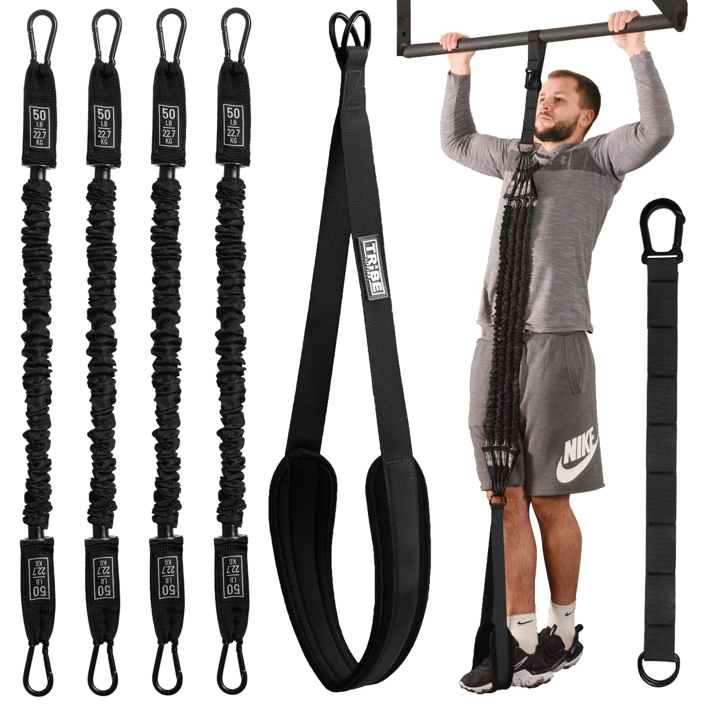 Pull Up Assistance Bands Set - 4 Heavy-Duty Pull Up Bands, Height Adjustable Strap & Comfortable Foot Strap - Stackable Pull Up Resistance Bands for Pull Ups (Black)