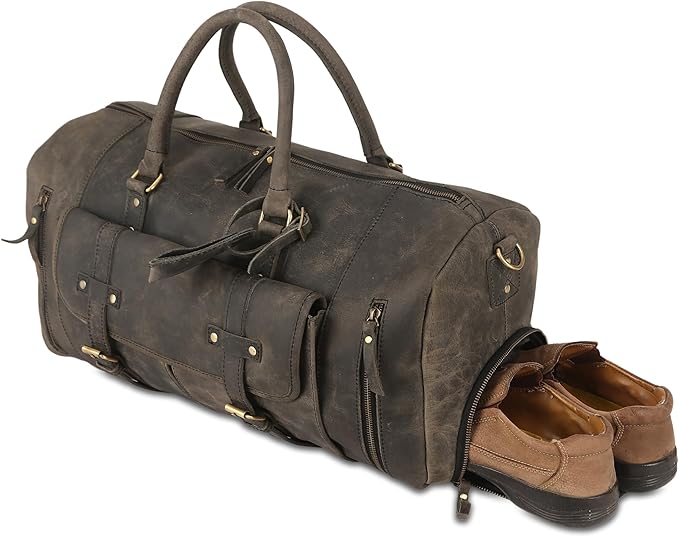 KomalC 24 Inch Leather Duffel Bags for Men and Women Full Grain Leather Travel Overnight Weekend Leather Bags Sports Gym Duffle for Men (Charcoal Black With Shoe Pocket)