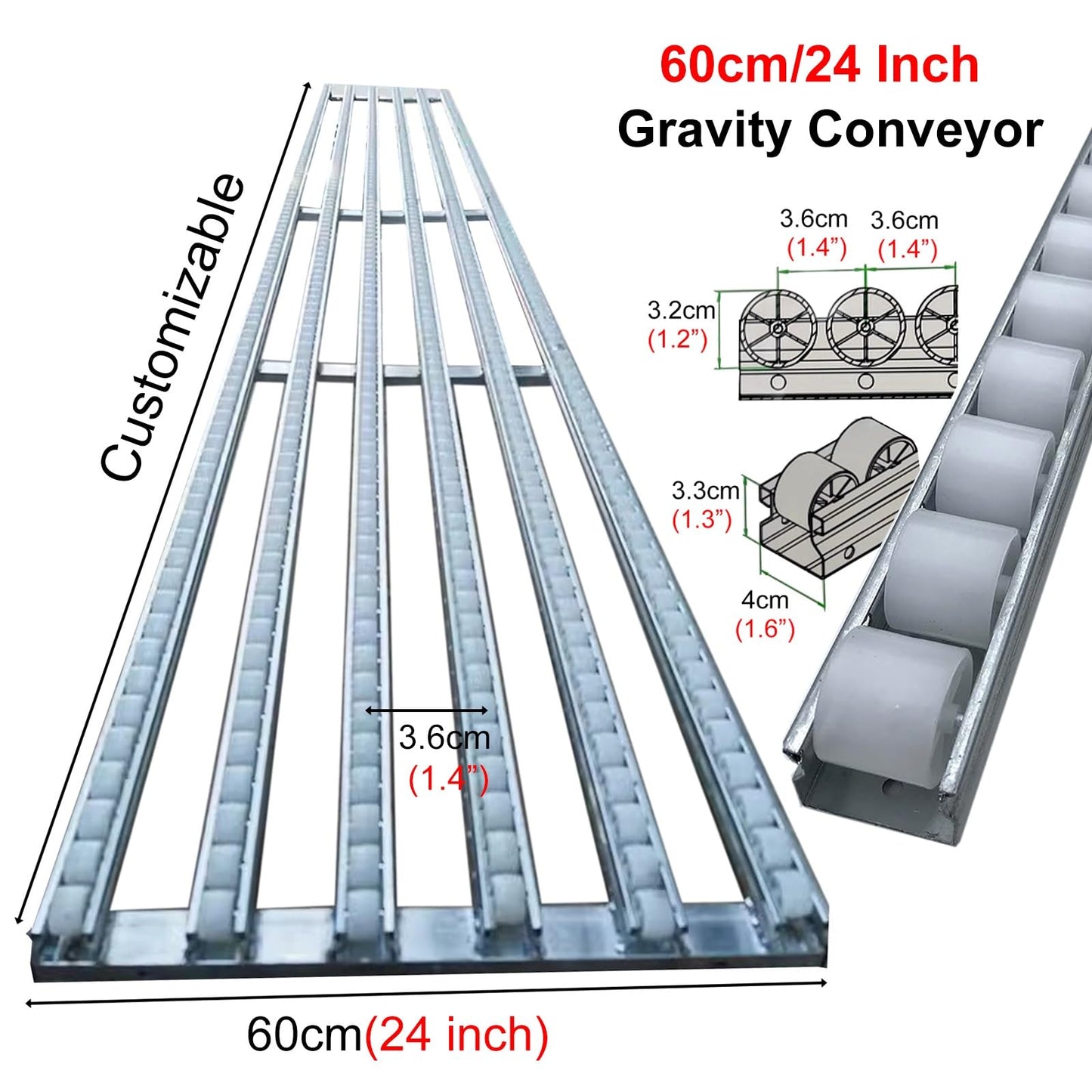 KYQFCJV Conveyor Roller Adjustable Stainless Steel Conveyor Roller Stand with Pulley Belt Unpowered 600/500/400mm Roller Line 24" Wide 14ft Long - Ideal for Material Handling