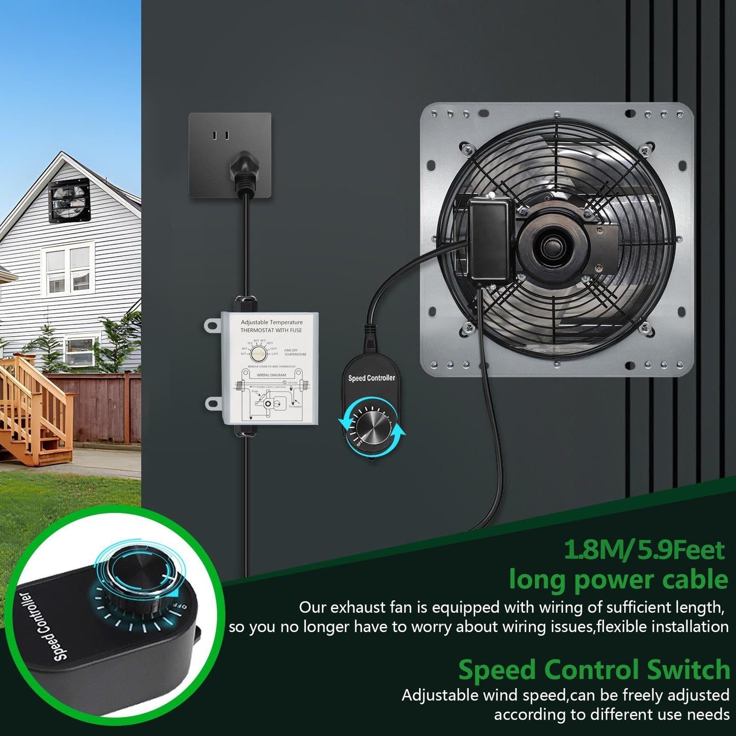 Aibabcue Shutter Exhaust Fan with Thermostat & Speed Control, 1558 CFM,1665 RPM, Upgrade 14 inch Wall Mount Attic Vent Fan for Chicken Coops, Greenhouse, Gable, Barn, Garage, Shed Ventilator