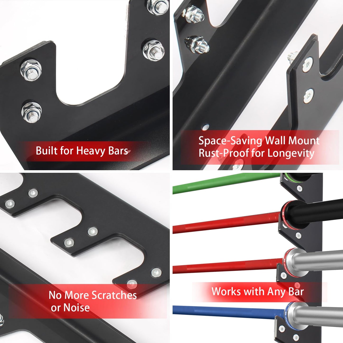 Wall Mounted Barbell Holder for 6 Bars – Heavy Duty 400LB Capacity Horizontal Storage Rack with Protective UHMW Liner | Easy Installation with Included Hardware | for Home Gym & Garage Organization