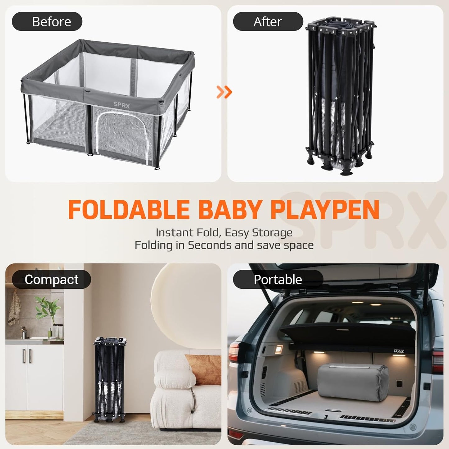 Skiennix Foldable Baby Playpen - 50" x 50" Collapsible Playard for Indoor & Outdoor Use | Includes Travel Pack & 30 Ocean Balls