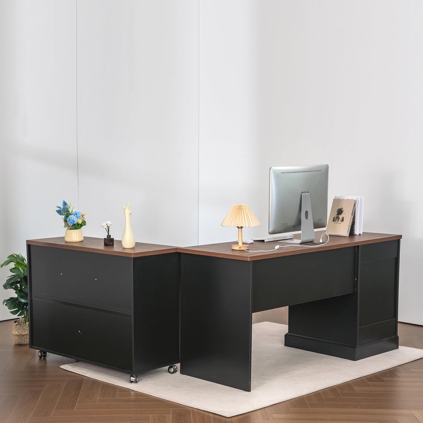 Zethvax 60" Farmhouse Executive Desk and 40" Mobile File Cabinet Combination,L Shaped Executive Desk with Charging Station,Home Office Desk for Office Work,Home Study
