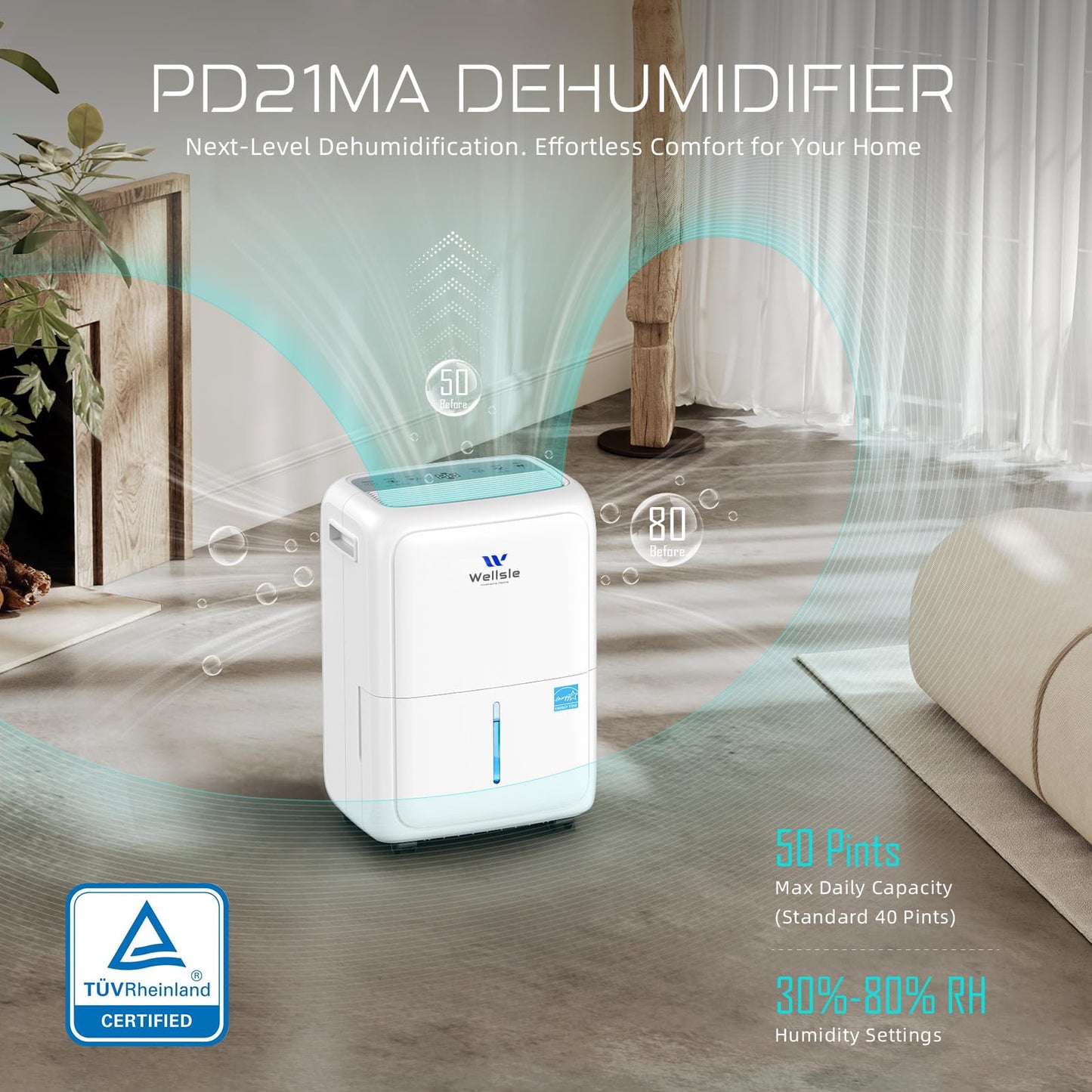 Wellsle Energy Star Certified 52 Pint Dehumidifier for Home and Basement, Portable Dehumidifier with Drain Hose and 1.59 Gal Water Tank, Quiet Dehumidifiers for Bedroom, Living Room, Garage.
