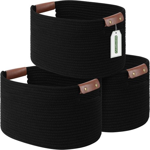 ECDYQXVU Cotton Rope Storage Baskets - Woven Baskets with Handles for Laundry & Home Organization | 15x10x9 Inch, Black (3-Pack)
