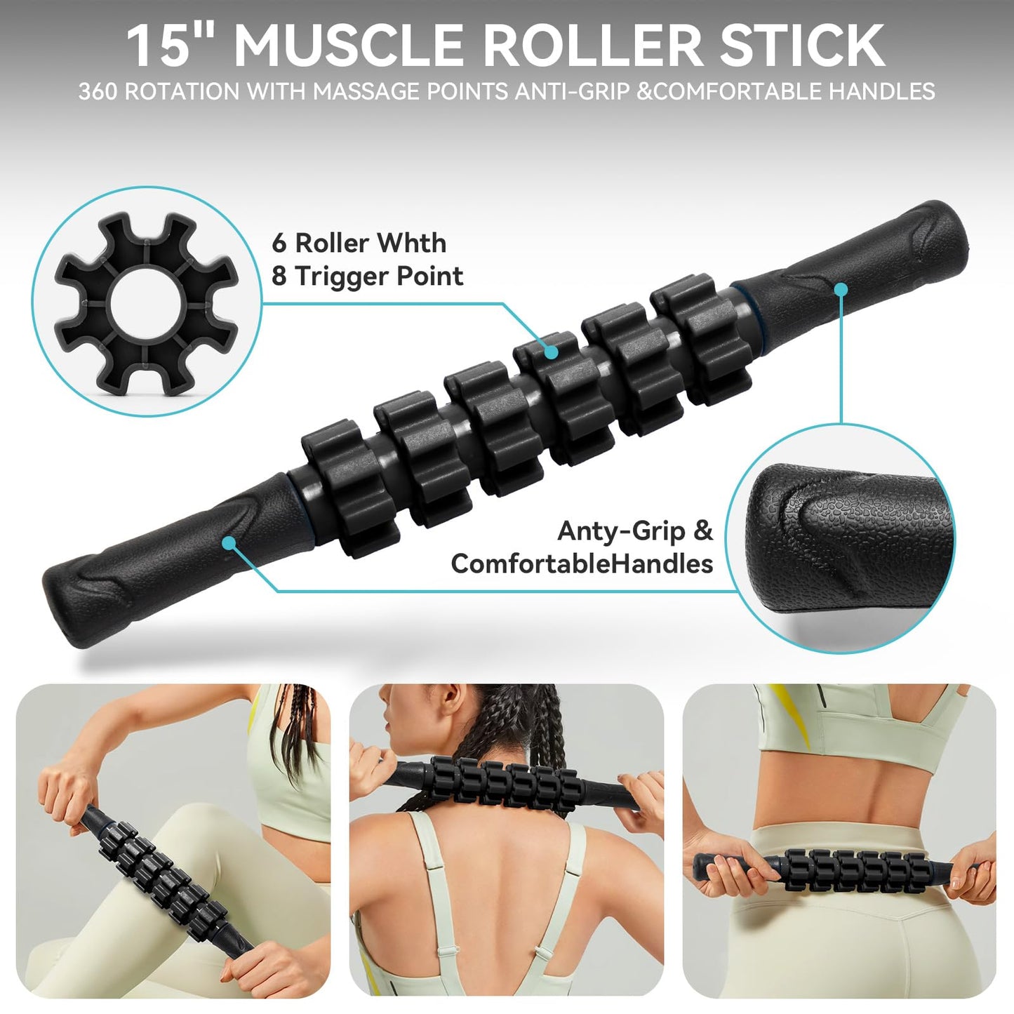 Krightlink 5-in-1 Foam Roller Set - Deep Tissue Muscle Recovery Kit with High Density Exercise Roller, Massage Ball, Resistance Band & Carry Bag for Physical Therapy & Pain Relief (Black)