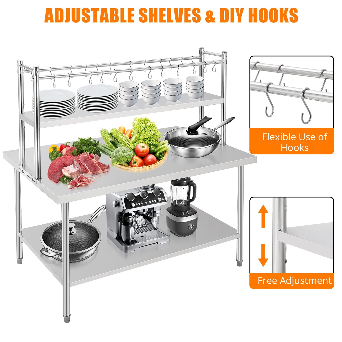BouPower 60" x 36" Stainless Steel Table with Shelves, Commercial Work Table with 2-Tier Adjustable Overshelves, Heavy Duty Metal Prep Tables for Commercial Kitchen Restaurant Garage Warehouse