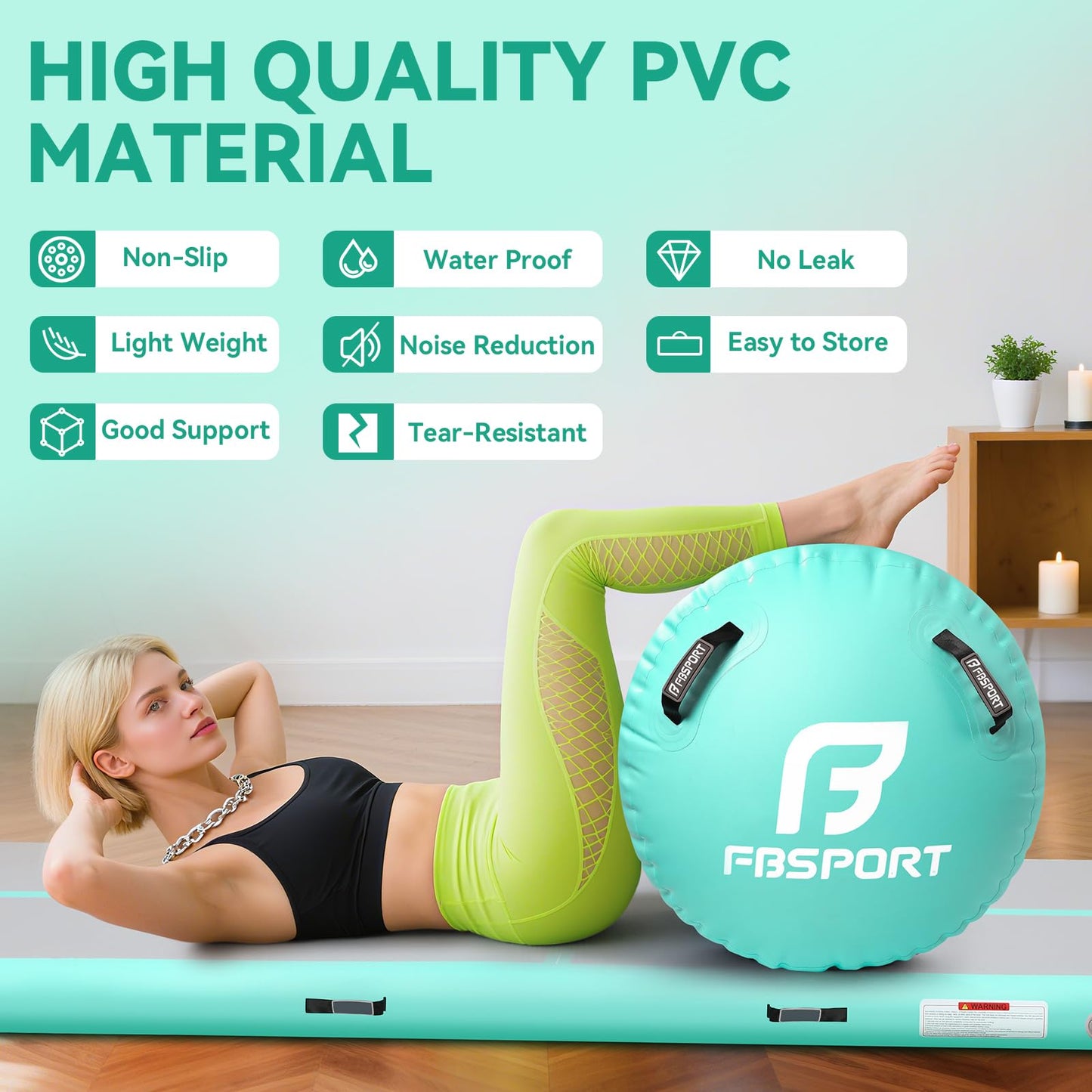 FBSPORT Air Roller Gymnastics Barrel, Inflatable Gymnastics Air Roller Inflatable Air Gymnastics Mat with Electric Pump for Yoga Cheerleading Training Home Outdoor Use (47x30inch Green)