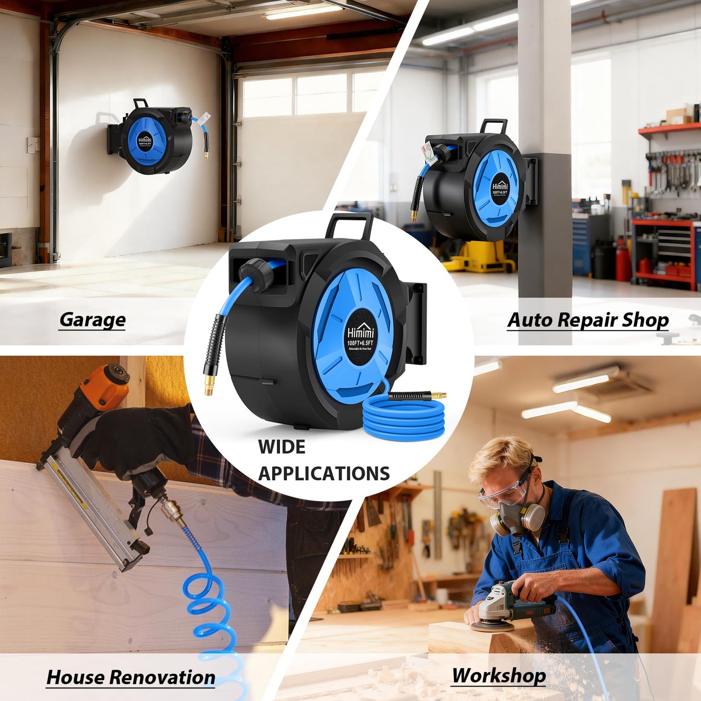 Retractable Air Hose Reel, 3/8" x 100 Ft Hybrid Hose Air Compressor Hose Reel with 6.5 Ft Lead-in Max 300 PSI, Air Hose with Any Length Lock, Automatic Rewind, 180° Swivel Bracket, Quick Coupler