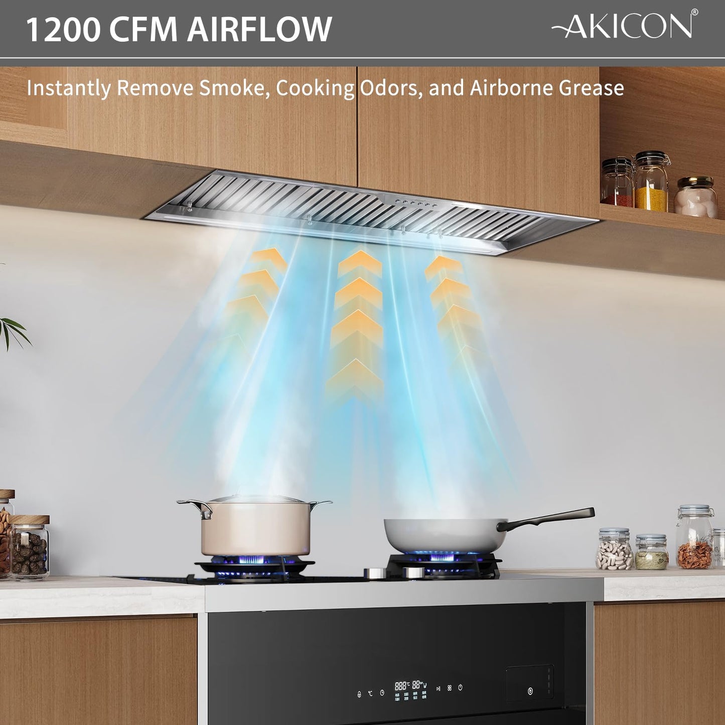 Akicon 42 Inch Range Hood Insert with Heater Sensor, 1200 CFM Ultra-Quiet Stainless Steel Ducted Vent Hood Insert with 4 Speed Fan, Dimmable LED Lights and Dishwasher Safe Filters