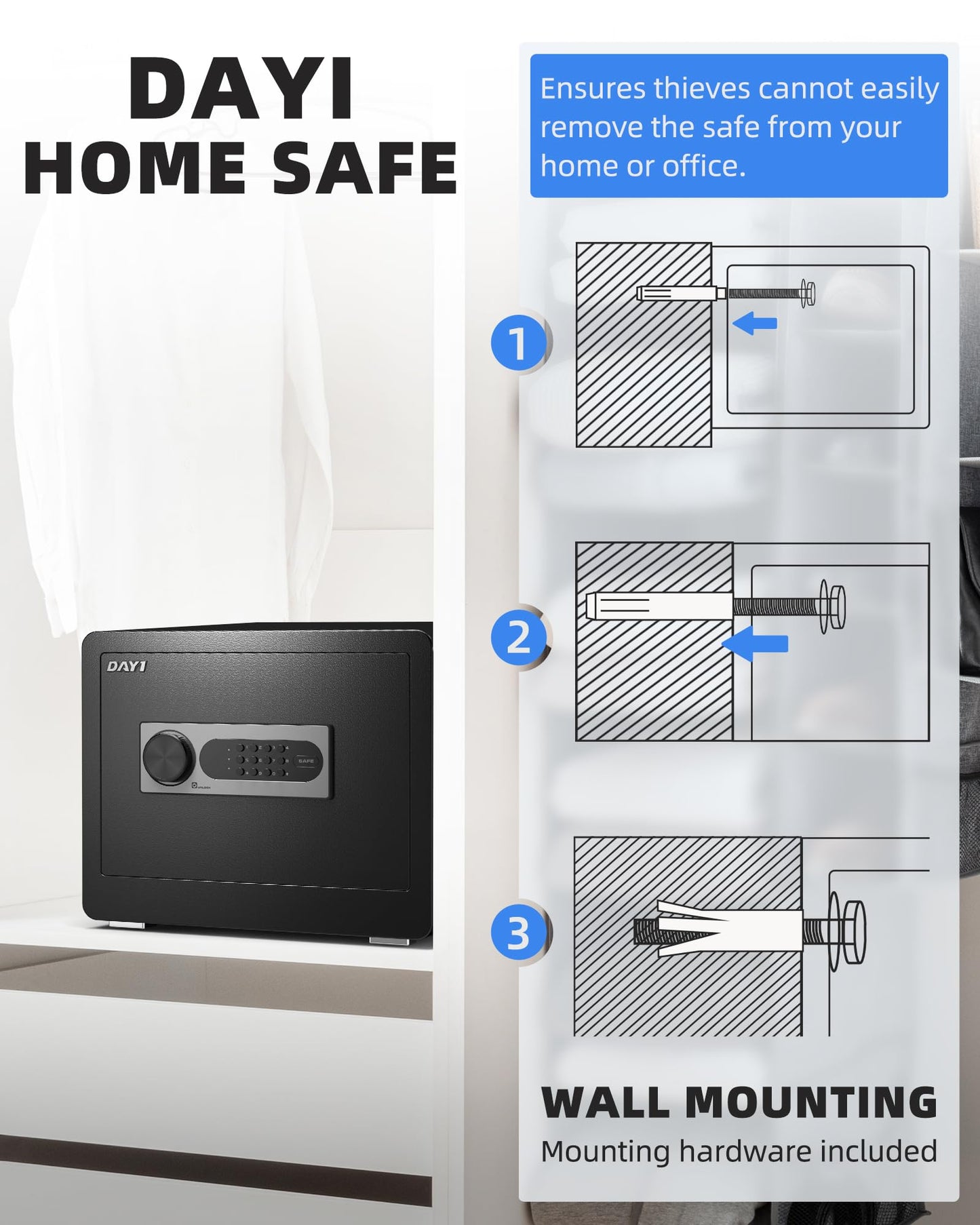 DAYI Safe Box, 1.4 Cubic Feet Home Safe with Fireproof Waterproof Bag, Security Safe Box for Money Cash Valuables, Digital Electronic Keypad, Dual Alarm System, Removable Shelf - D-35