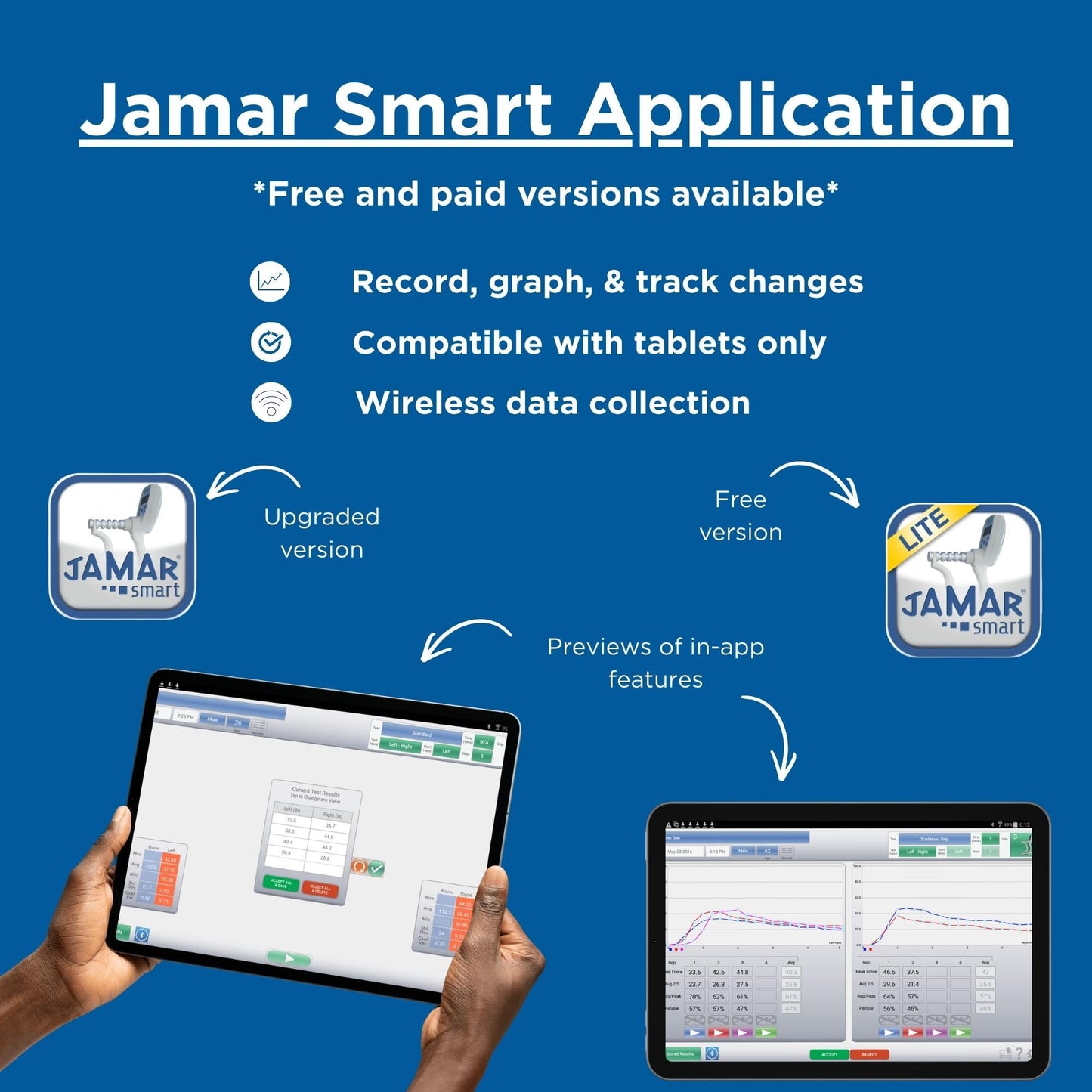 Jamar Smart Hand Dynamometer, Digital Lightweight Max Force Indicator to Measure Hand & Grip Strength, Cordless Device with Wireless Connection to Mobile App, Easy Squeeze Adjustable Evaluation Tool