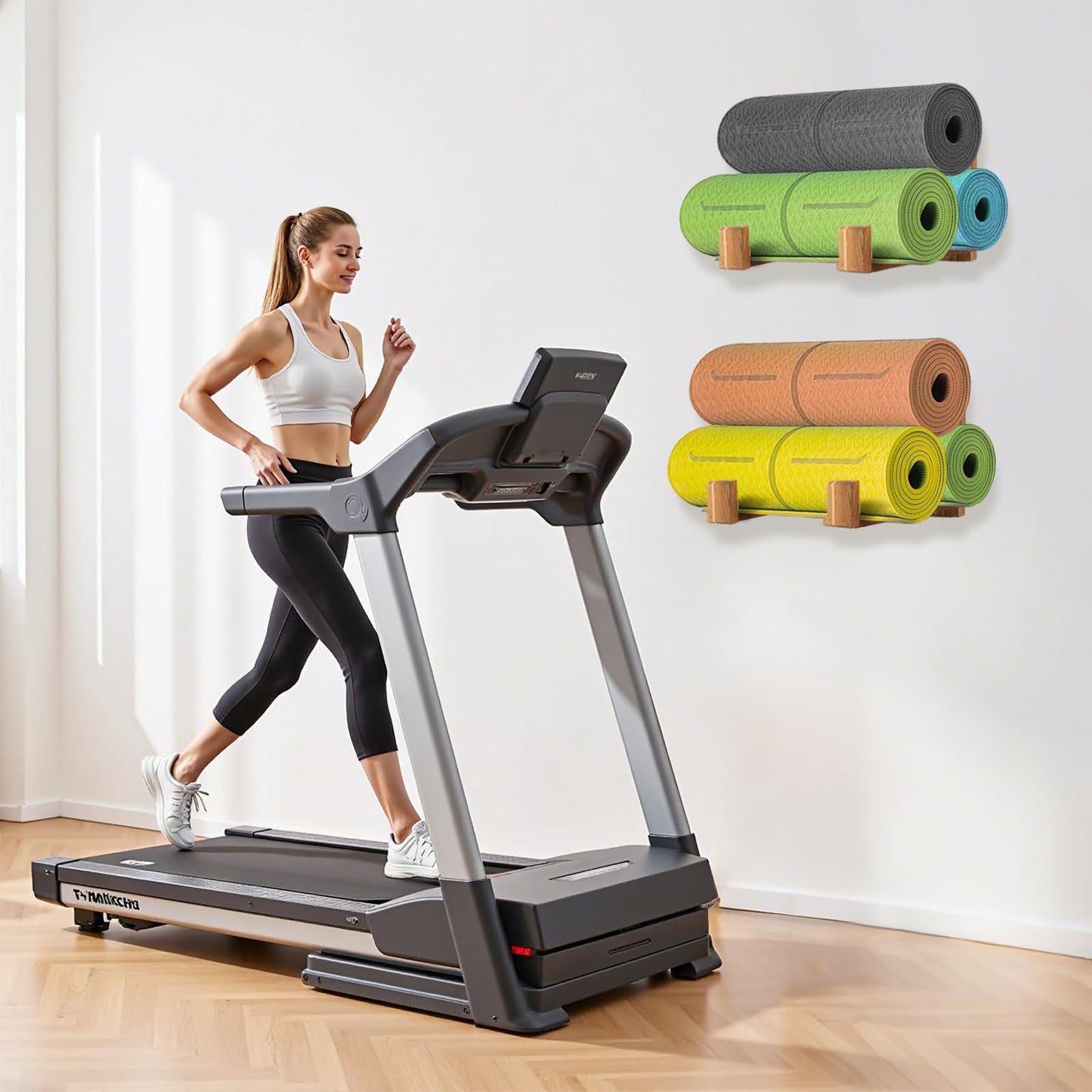 Yoga Mat Holder Wall Mount Yoga Mat Storage Rack,Wall Shelf Organizer, Foam Roller Wall Hooks, Hold 3 yoga mats, Fitness Gear Organizer By Wood