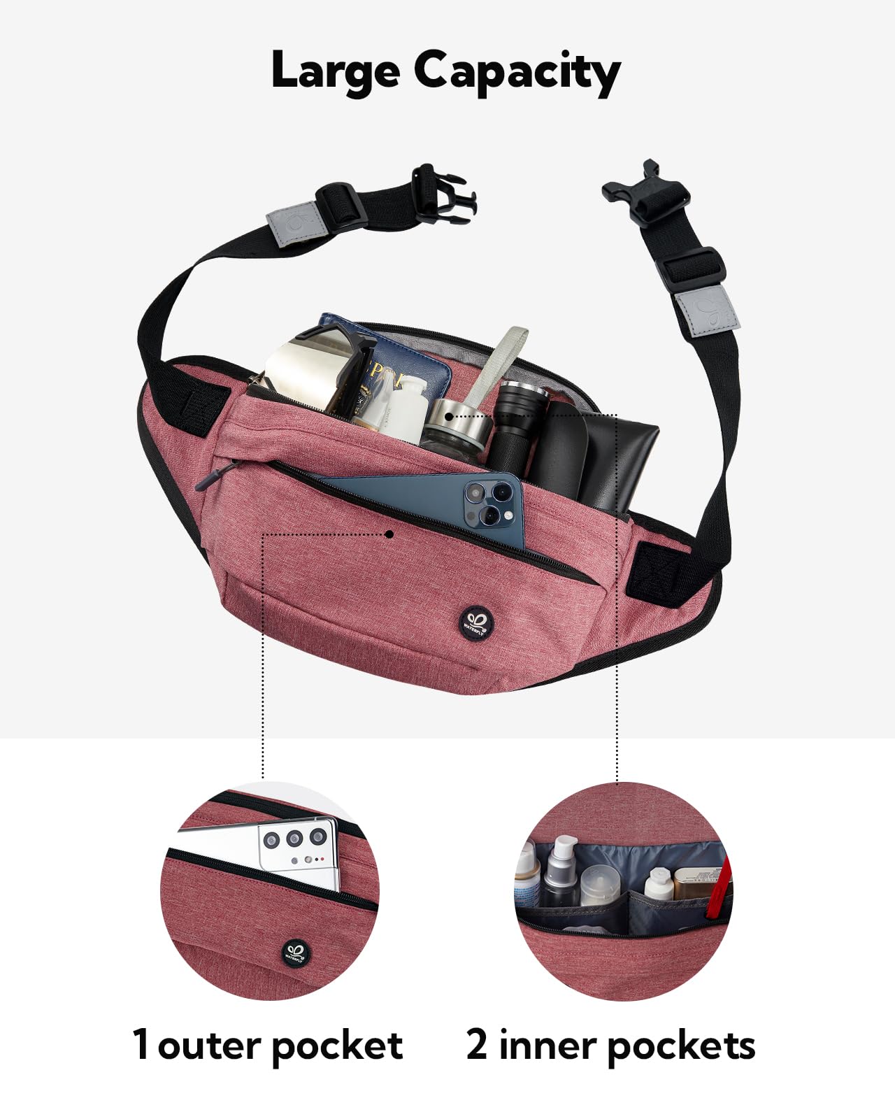WATERFLY Fanny Pack for Men Women Water Resistant Large Hiking Waist Bag Pack for Running Walking Traveling (Light Red),16.5 x 4.3 x 6 inches,ONJ05