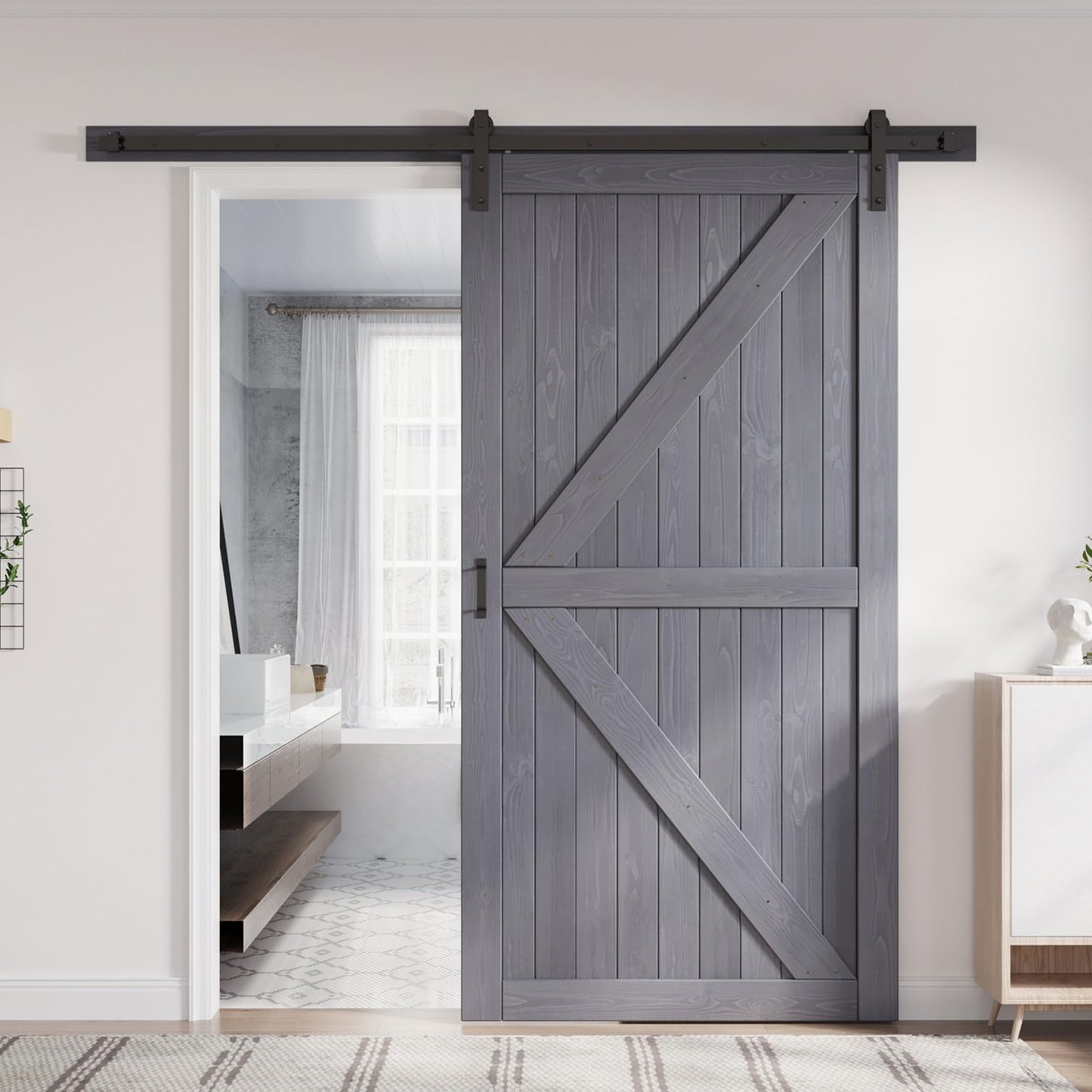 FREDBECK 48in x 96in Gray Wood Barn Door Slab with 8ft (96inch) Barn Door Hardware Track Kit Included, Double Surfaces,Simple Assembly is Required,K-Frame,Grey